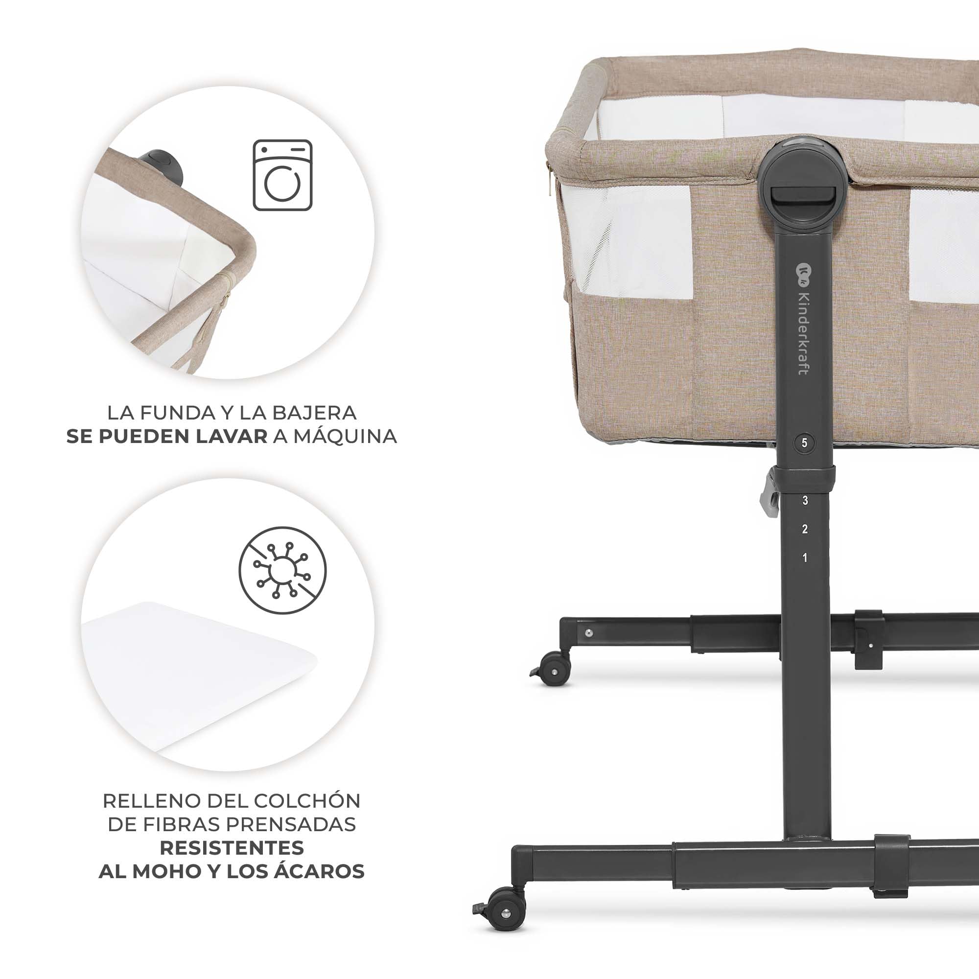 Kinderkraft Nestee UP 2 Cuna Colecho para Bebé con Colchón, Cuna de Cabecera, Fácil Ajuste de Cama de Padres, Ajuste de Altura, Buena Circulación de Aire, Ruedas transportarás, Beige