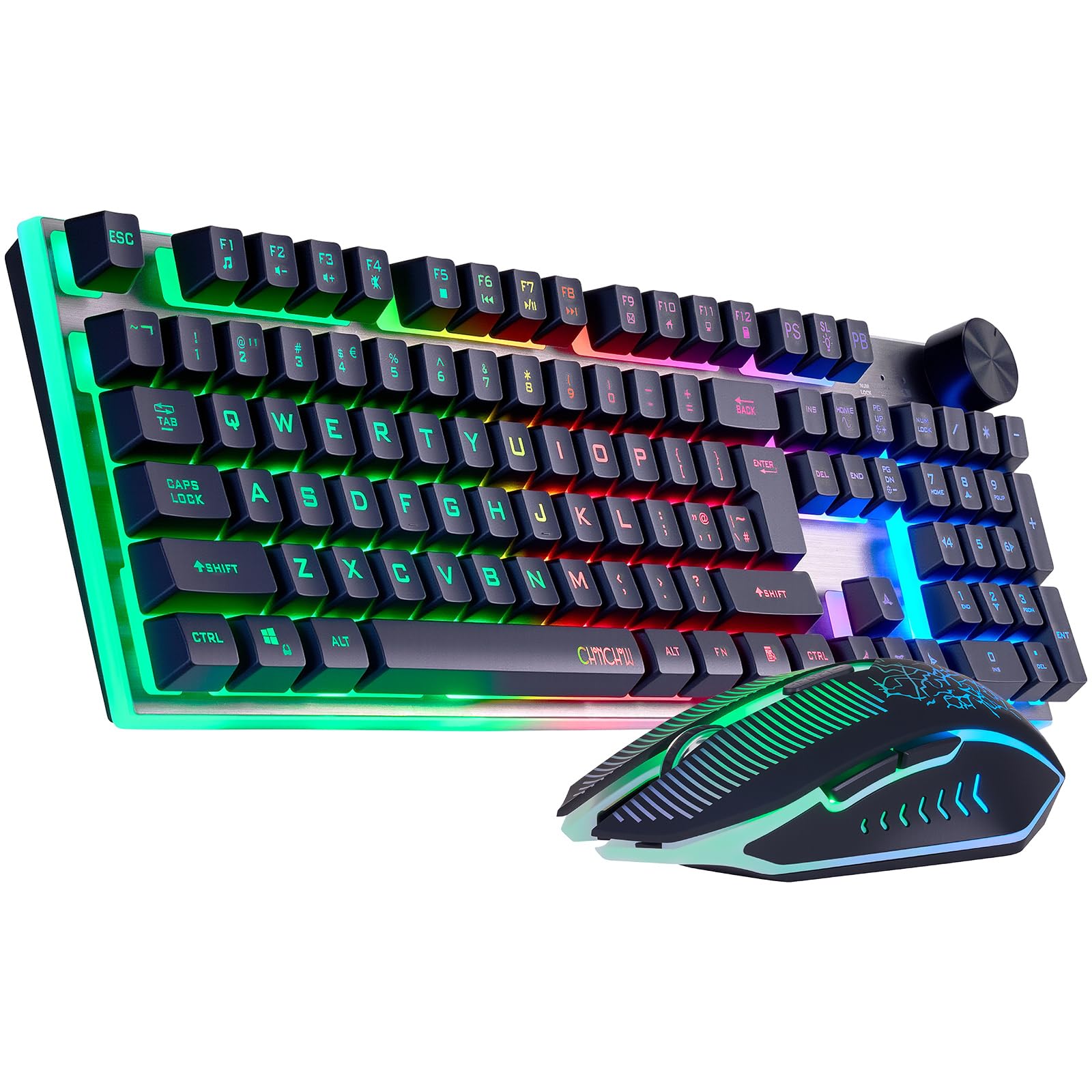 Wireless Gaming Keyboard with knob and Mouse Combo USB Dongle 2.4G Rechargeable 3000mAH Battery RGB Backlit Stainless Panel 4200DPI Side Button Mice for PC Laptop compatible with Windows 8/9/10 MacOS