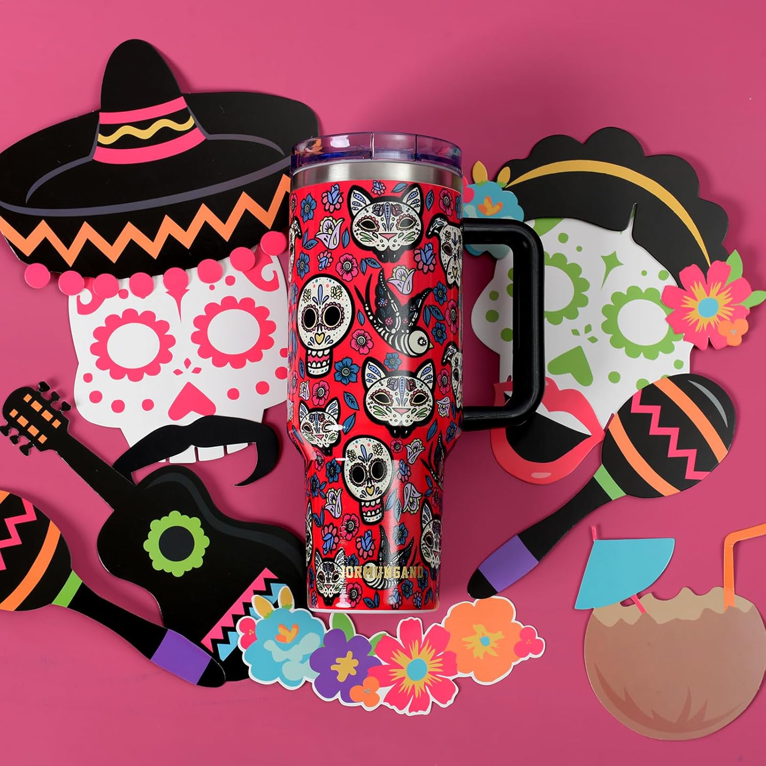 Jormungand 40 oz Tumbler with Handle and Straw Stainless Steel Vacuum Insulated Water Bottle for Hot or Cold Beverages Coffee Mug with Leak Proof Lid Gift for Women&Men Red Sugar Skull - Image 2