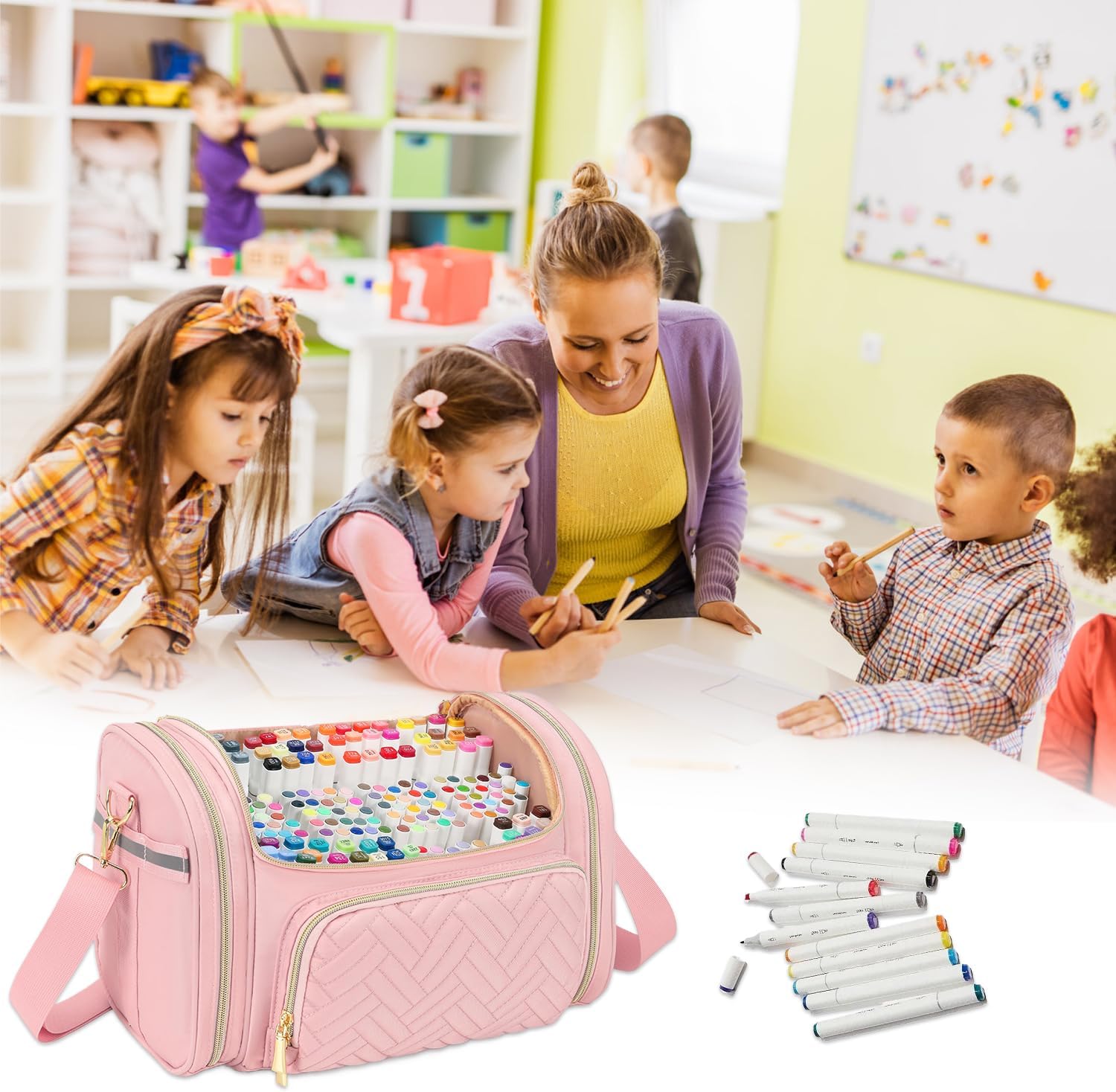 Large Marker Organizer Case hold 200-300 Travel Marker Storage Bag with detachable Divider Art Marker Carrying Case (Bag Only)(Pink)