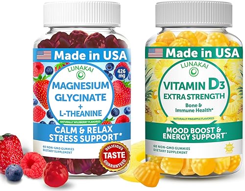 Lunakai Paquete de gomitas de glicinato de magnesio y vitamina D3 fabricadas en Estados Unidos estrés, estado de ánimo y apoyo inmunológico