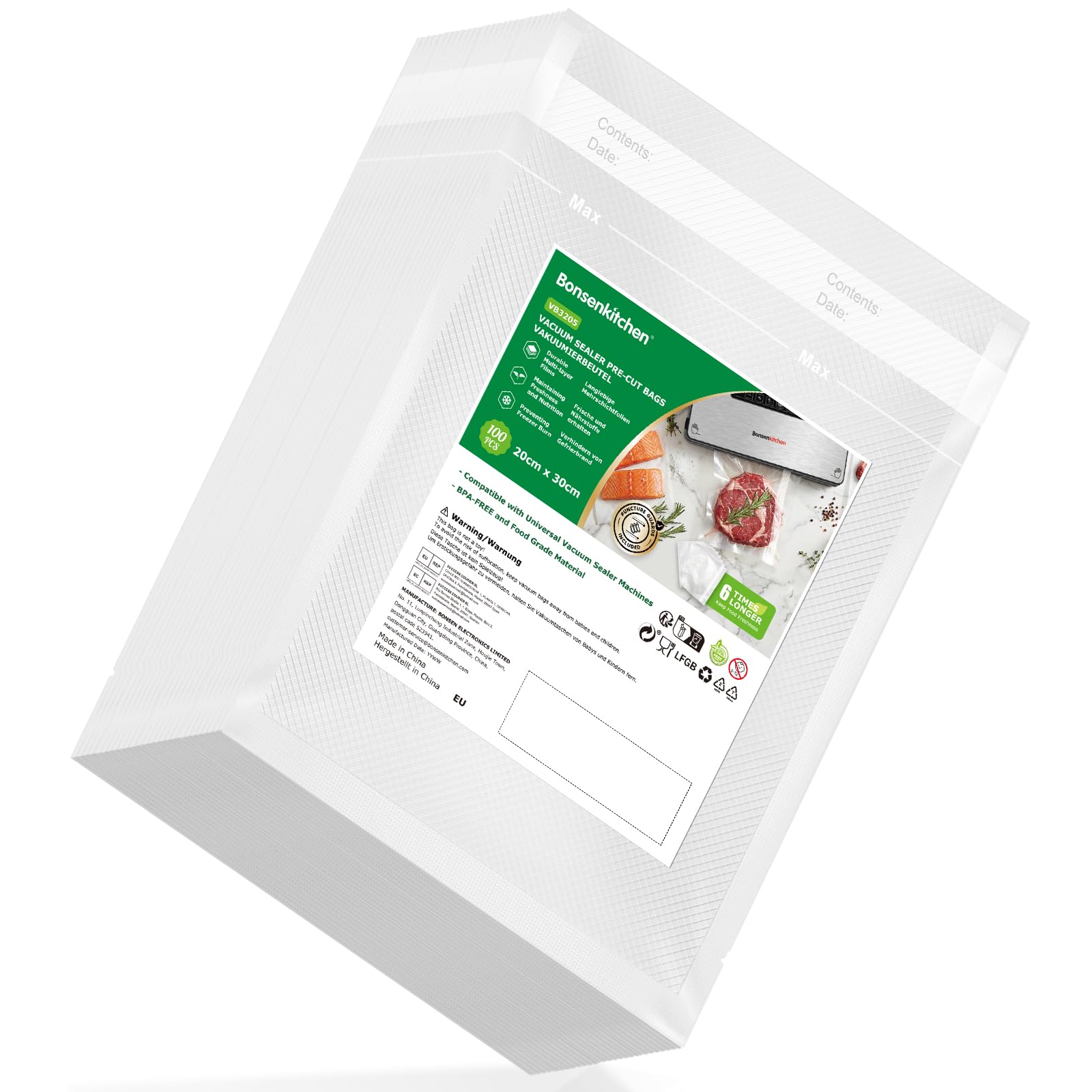 Bonsenkitchen Bolsas de Vacío Para Alimentos 100 Bolsas 20x30 cm