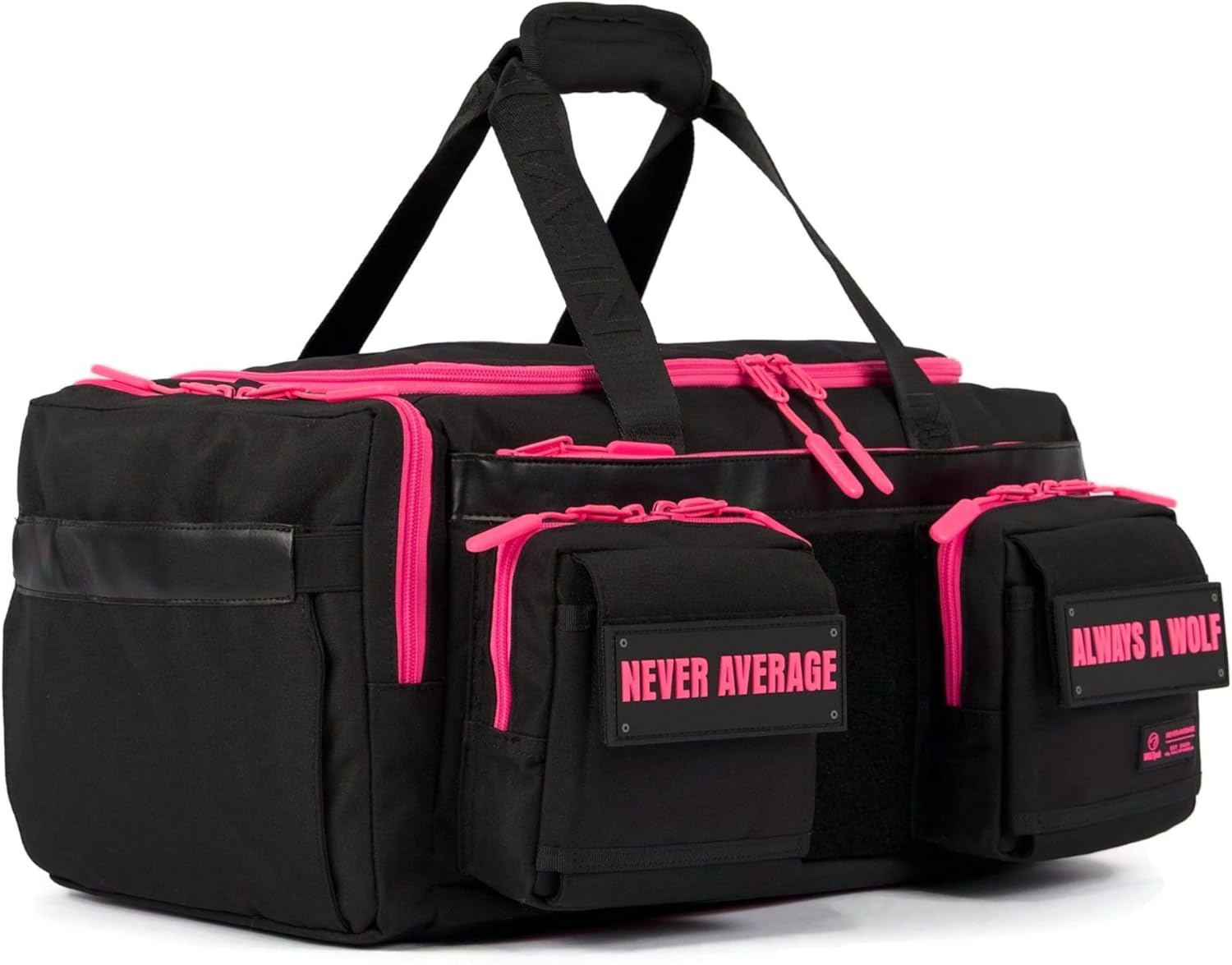 WOLFpak 30L Perfect Duffle Bag (Neon Pink) Tactical Gym Bag Hardshell Base 1000D Waterproof Travel Carry On with Shoe Compartment, Dual Cup Holders, Laptop Sleeve & Molle Straps