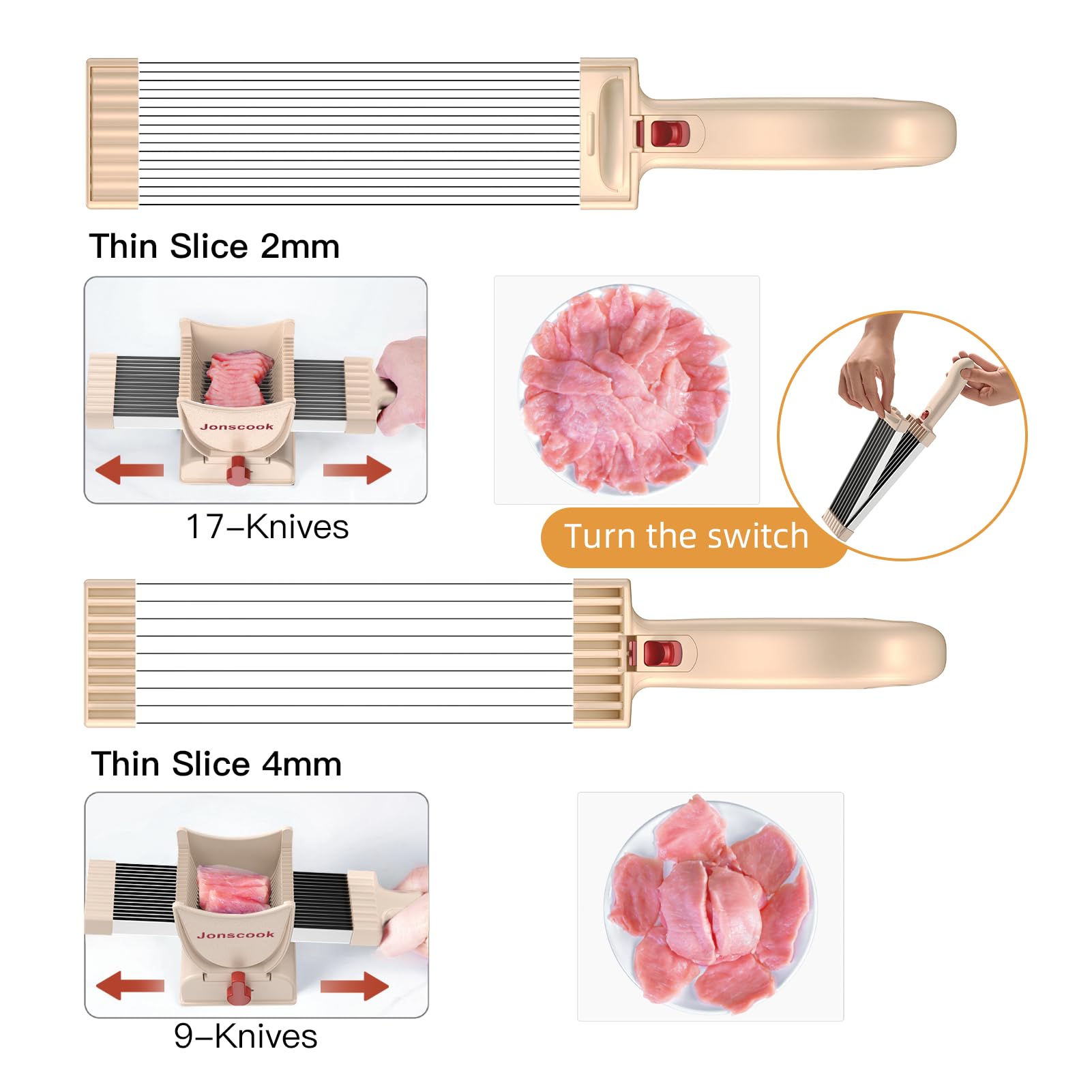 Frischfleischschneider, manueller Fleischschneider für frisches, rohes Fleisch, einstellbare Schnittstärke von 2 mm oder 4 mm, 17 Klingen für 18 Scheiben (rosa)