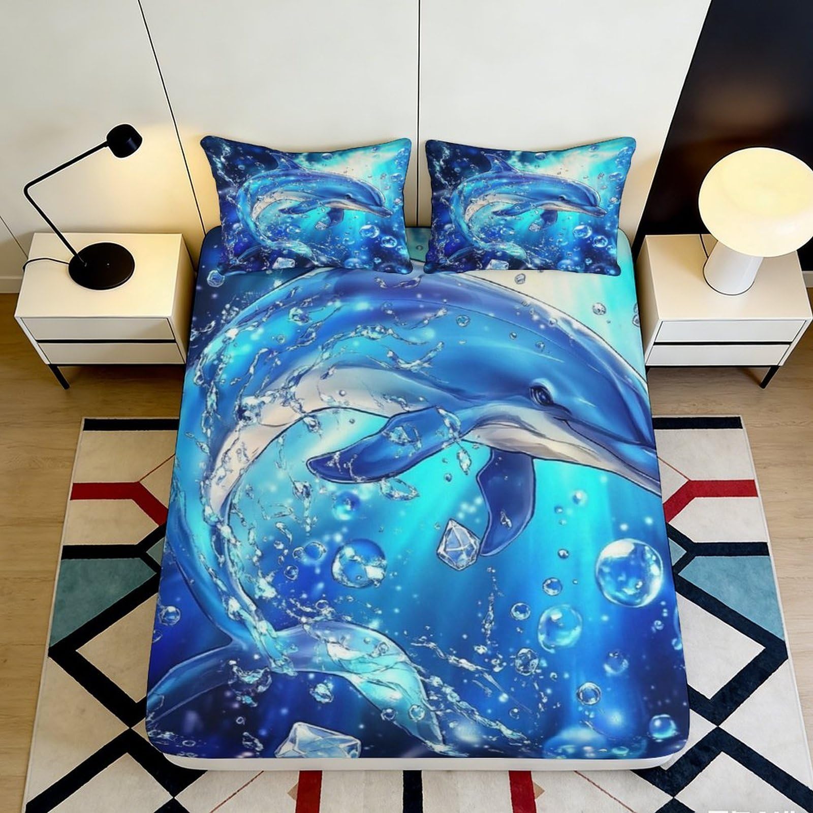 3D Printed Dolphin Water Splash Fitted Sheet Microfiber Soft Breathable Ocean Blue Bed Cover for Bedroom Dormitory Guest Room Mattress Protection Decor 120x200x25cm