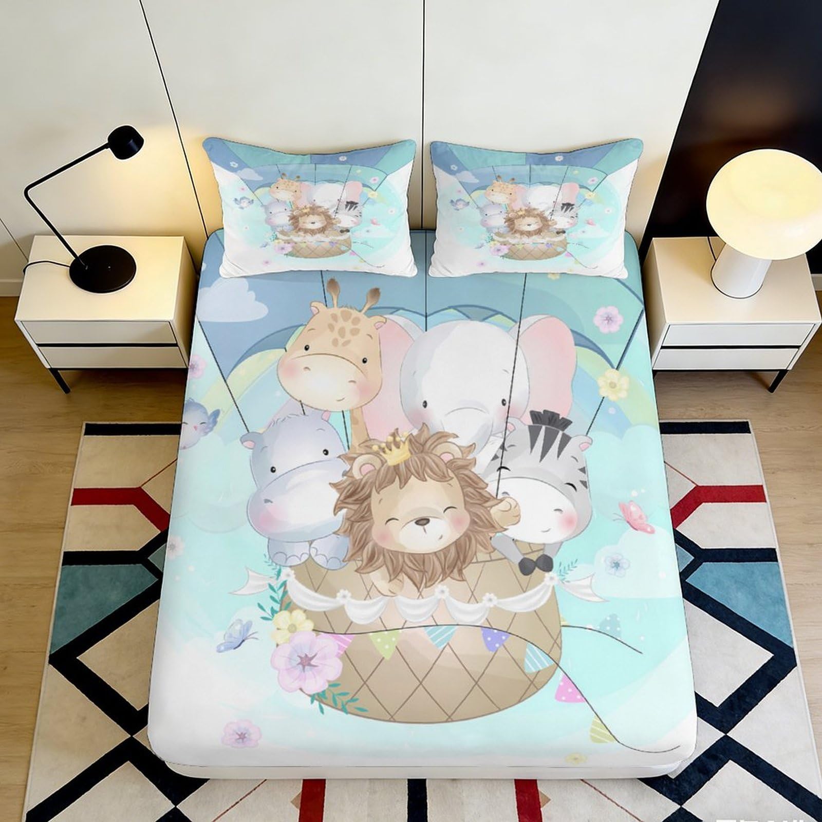 Pnayamiorkfel Style-5 3D Printed Cartoon Animal Hot Air Balloon Fitted Sheet Microfiber Soft Bed Cover Bedroom Dorm Mattress Decor 90X200x25cm