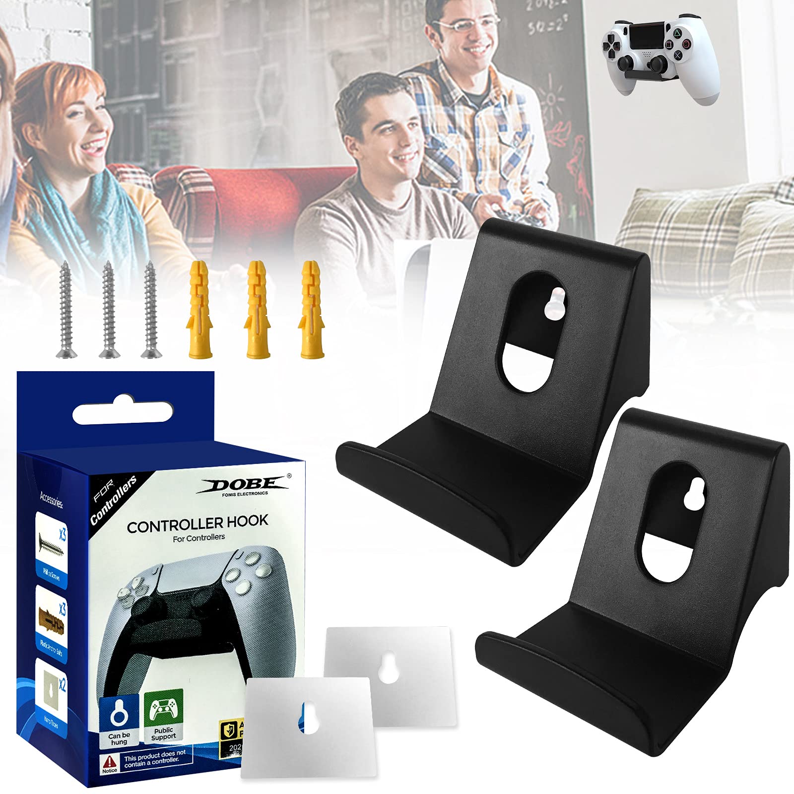Pack of 2 Controller Wall Mount for PS5/PS4 Xbox Series, Universal Game Controller Wall Mount Stand Holder for Headphones & Gamepad, Xbox Series Gamepad Accessories Adhesive Strips/Screw (Black)