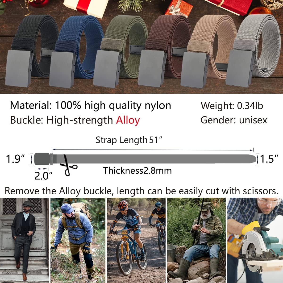 LionVII Casual Mens Belt, Elastic Work Belt with Metal Buckle Adjustable Web Waist Strap, Easy Trim to Fit 28-49" Waist - Image 2