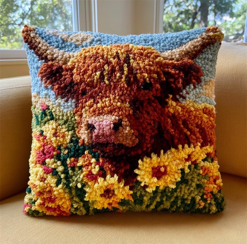 kitphoenix Latch Hook Cushion Kit, Highland Cow and Flowers