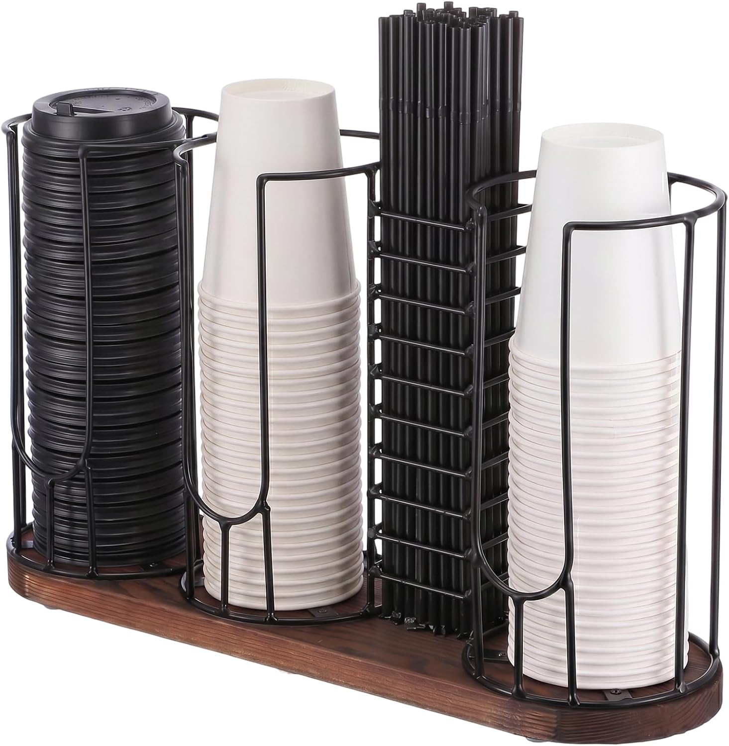 4-Compartment 18oz Coffee Cup Dispenser, Coffee Cup Holder Organizer with Wood Base for Storing Paper Cups, Straws, Lids and Disposable Tableware