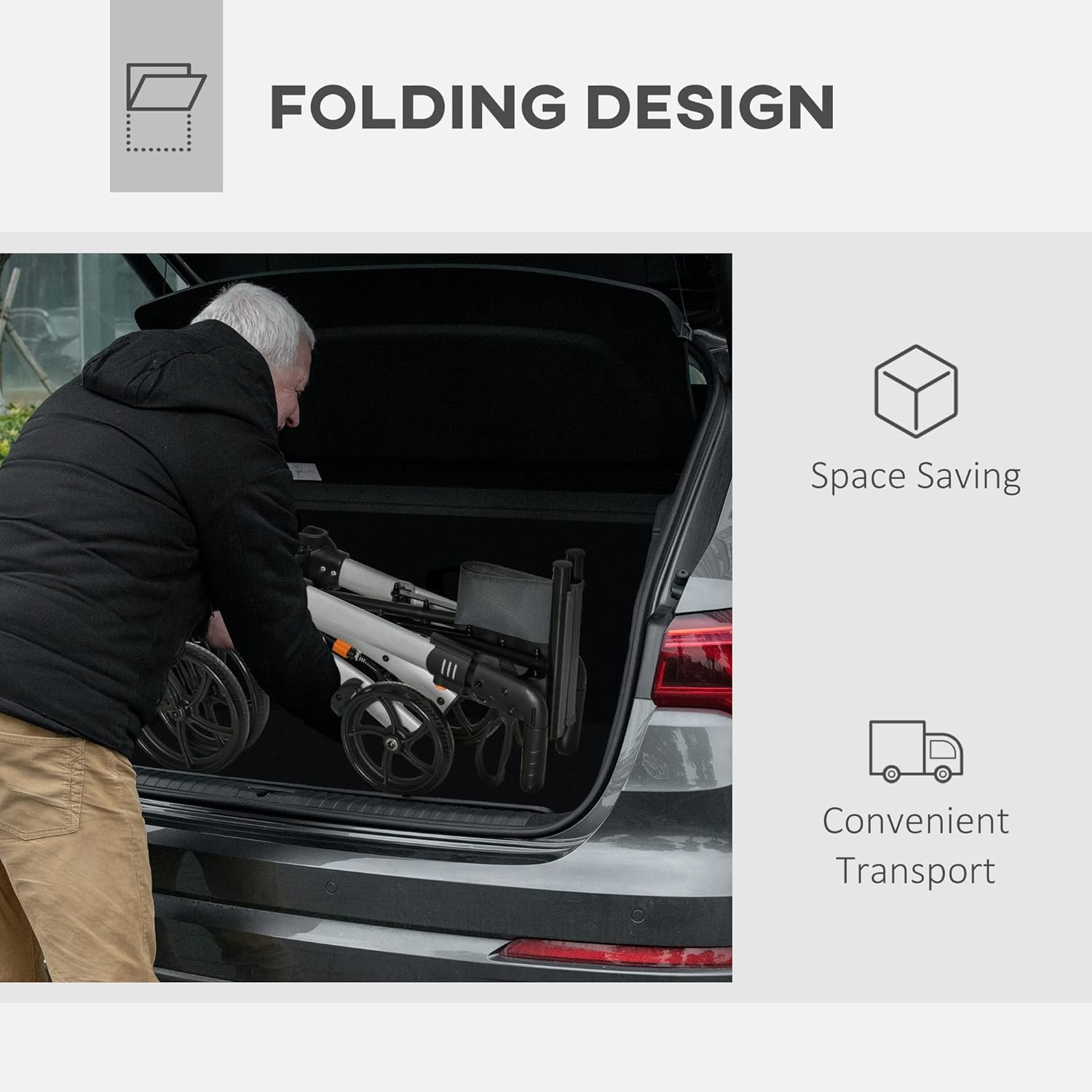 Image demonstrating the folding design of the rollator walker for space-saving and convenient transport.