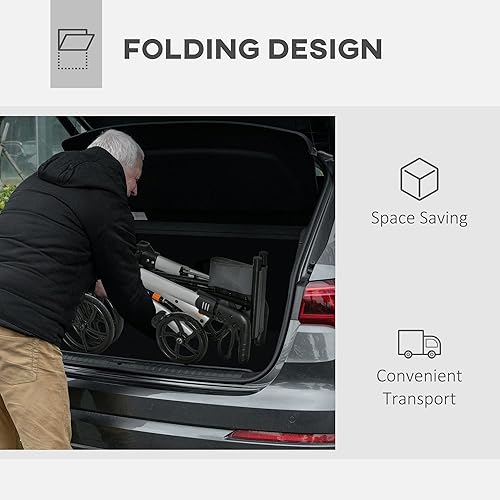 Miniatura 4 de HOMCOM Andador con ruedas de aluminio para personas mayores y adultos con ruedas de 10 pulgadas, asiento y respaldo, andador plegable con mango