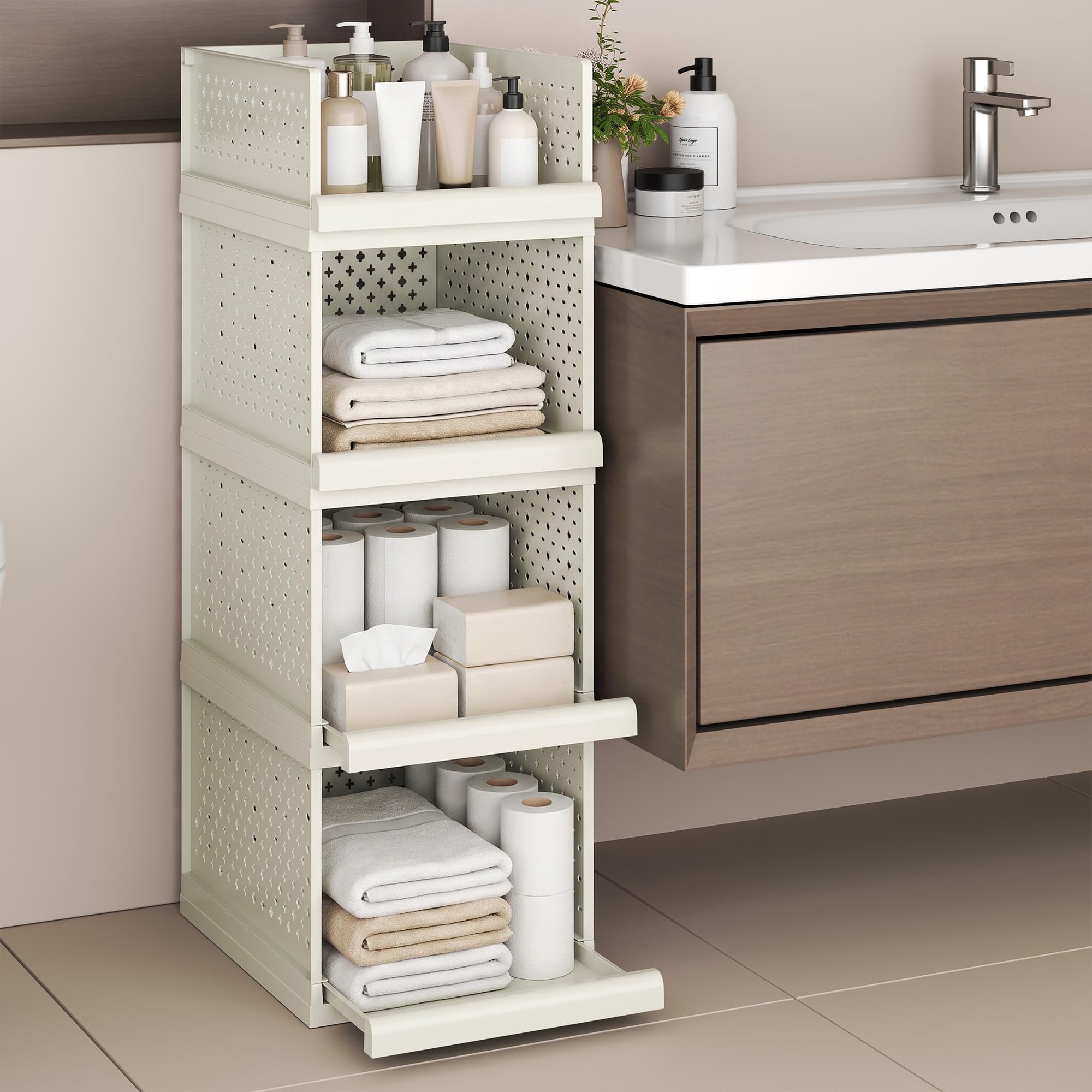 Paquete de 4 cajones de almacenamiento, organizador de baño, estantes apilables de 81,5 cm de alto | Cajas organizadoras grandes para dormitorio, baño, sala de estar, cocina, oficina, entrada, 32,5 cm de ancho