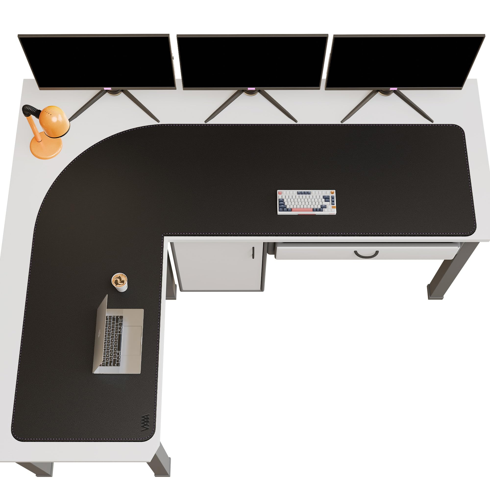 Vyaaa (150+200) x 60cm Tappetino da scrivania in pelle a forma di L (nero), tappetino da scrivania in pelle PU reversibile, tappetino per mouse extra large, adatto per uso domestico o in ufficio