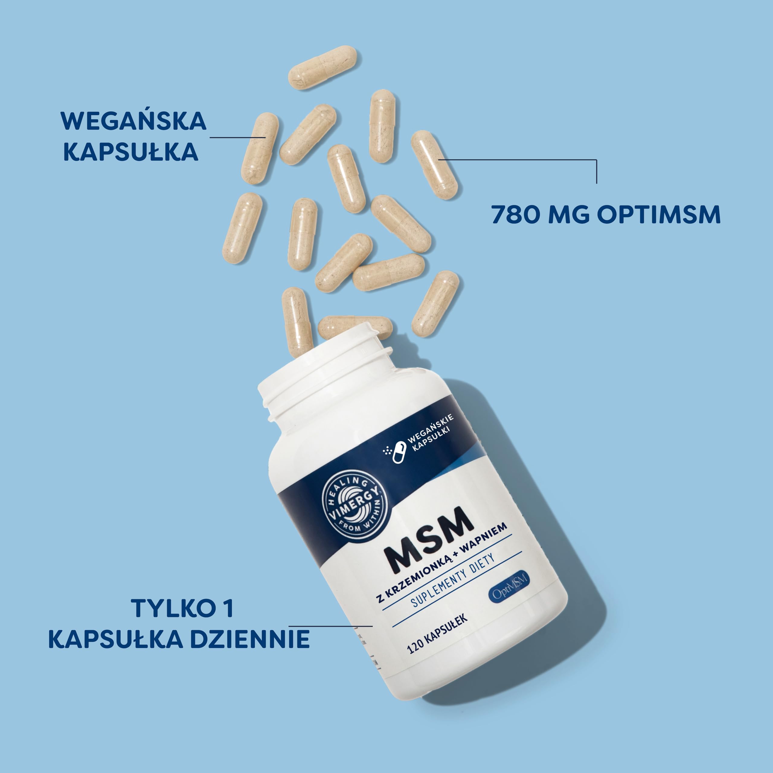 Vimergy MSM 780 mg w kapsułkach, 120 sztuk – Kapsułki MSM z wapniem i krzemem – Wegańskie kapsułki bez substancji żelujących – Bez GMO, koszerne, bez glutenu i żelatyny