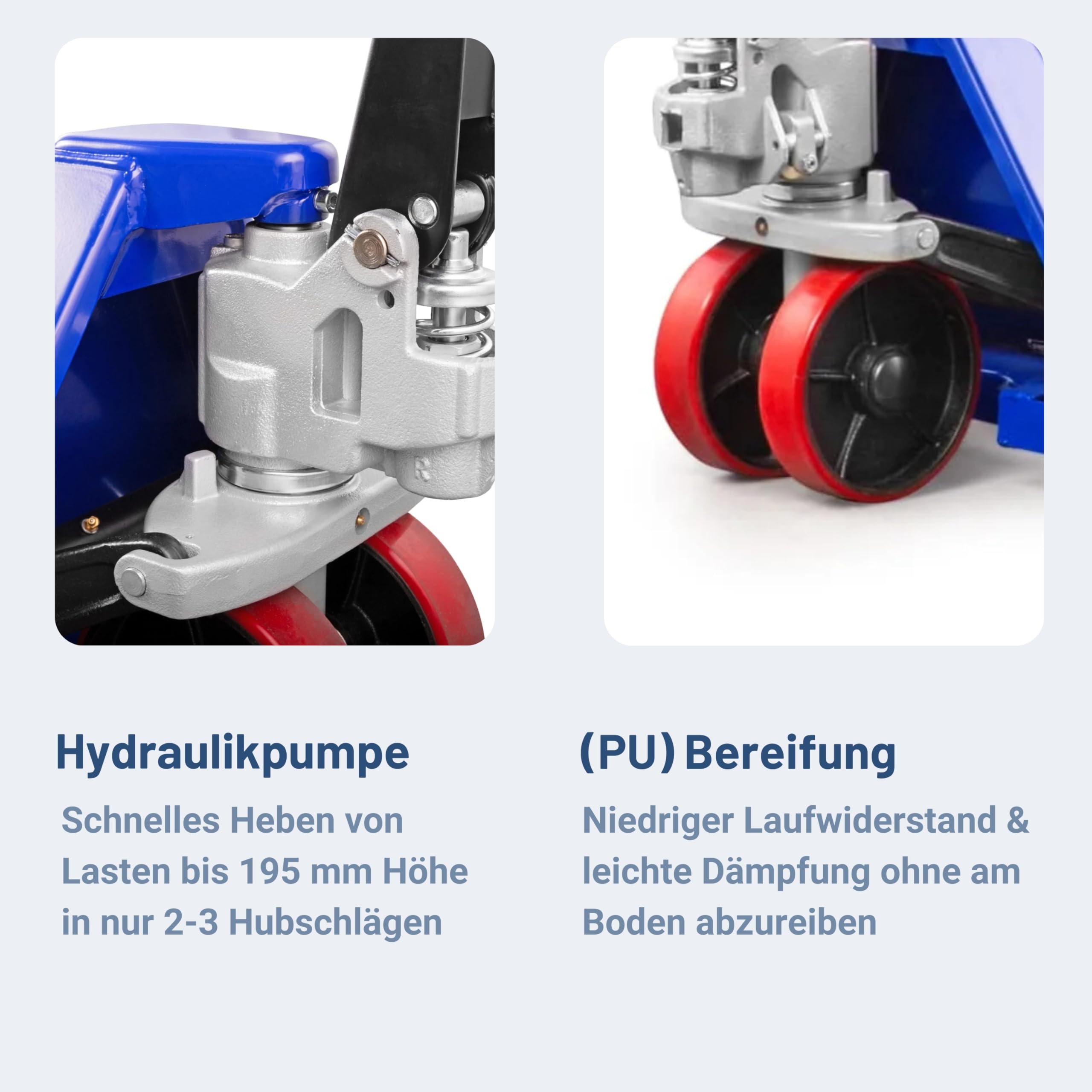Pallit Hubwagen lang 2000 kg Tragkraft 2000 mm Gabellänge PU Rollen Long-L Gabelhubwagen Handhubwagen Langer Palettenwagen aus Stahl
