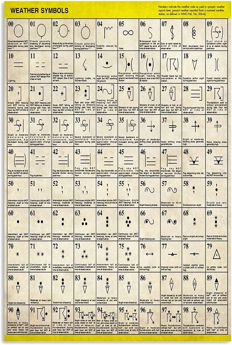 rayprint Weather Symbols Chart Metal Signs Meteorology Science Knowledge Tin Poster Office Classroom Bedroom Home Wall Decor Plaque 8x12 Inches