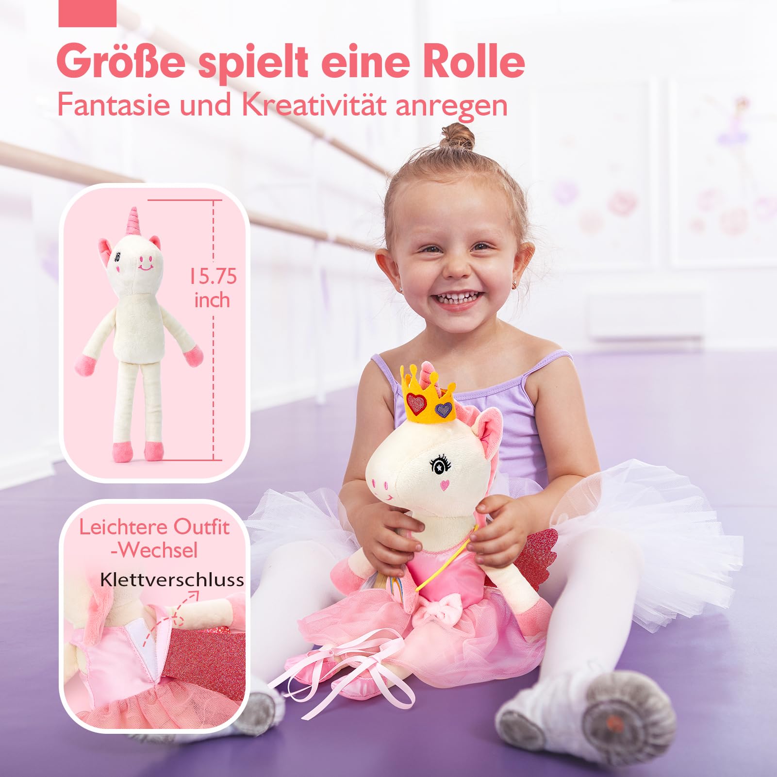 hahaland Plüschtier Einhorn Spielzeug ab 3-8 Jahre, Weiche Ballett Unicorn Stoffpuppe Kuscheln,Einhorns Kuscheltier Set mit 3er-Kleidungsset zum Anziehen, Einhorn Geschenke für Mädchen 3 4 5 6 7 Jahre