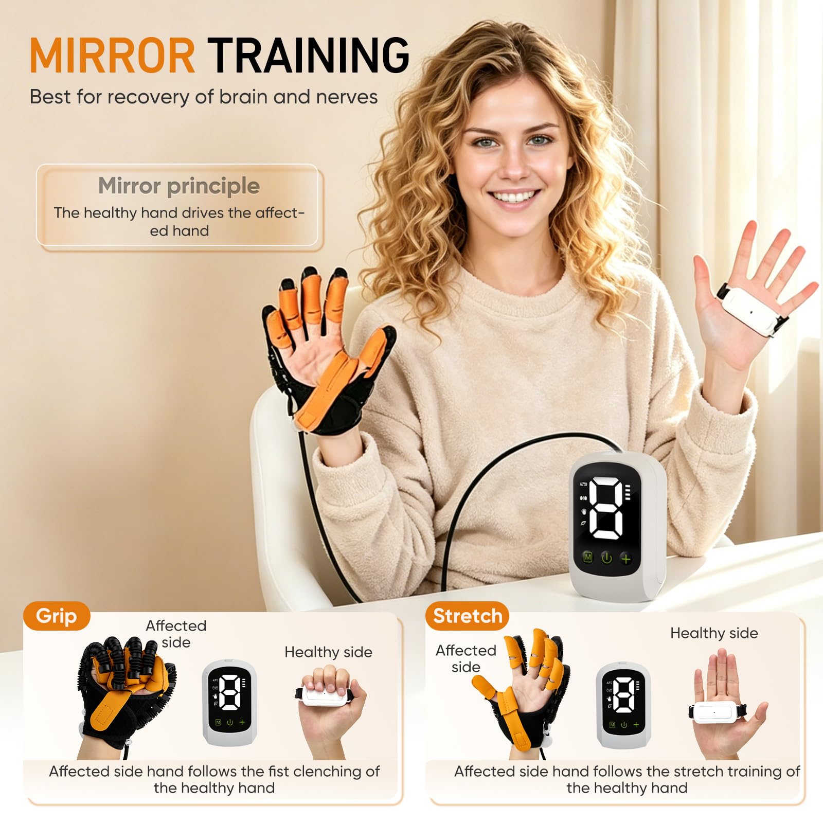 Rehabilitation Roboter Handschuhe, Handfunktionsstörungen Roboterhandschuhe mit Spiegelungsfunktion LED Anzeige, Einstellbarer Modus, 2400mAh, für Patienten mit Handfunktionsstörungen (Rechte Hand)