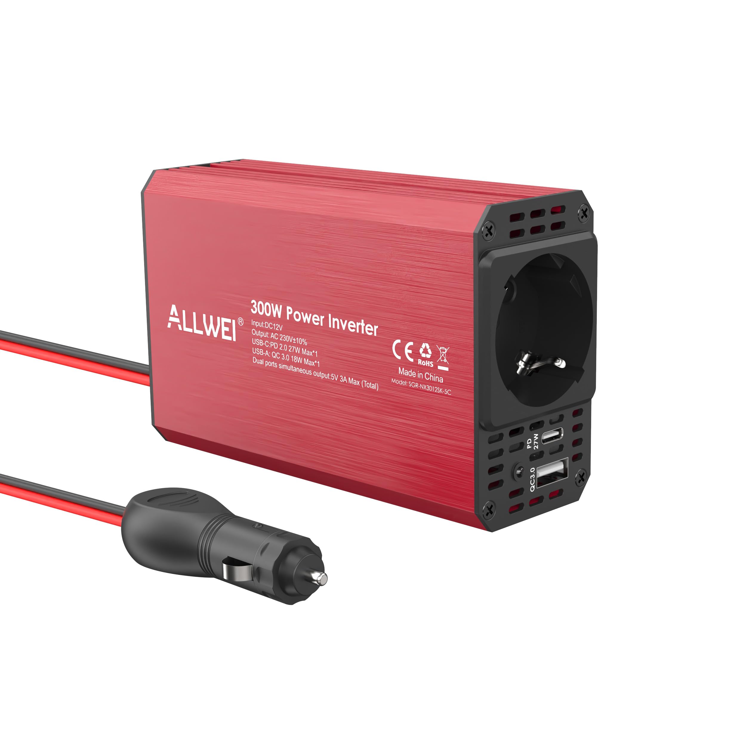 ALLWEI Przetwornica napięcia 300 W, 12 V, 230 V, falownik z przyłączem typu C i USB – do samochodu, przyczepy kempingowej, na kemping, do ładowania telefonów komórkowych, laptopów i innych urządzeń