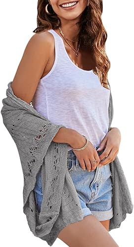 Miniatura 3 de Ermonn Cárdigan de ganchillo para mujer, frente abierto, kimono, manga murciélago, liso, casual, ligero, ropa de abrigo