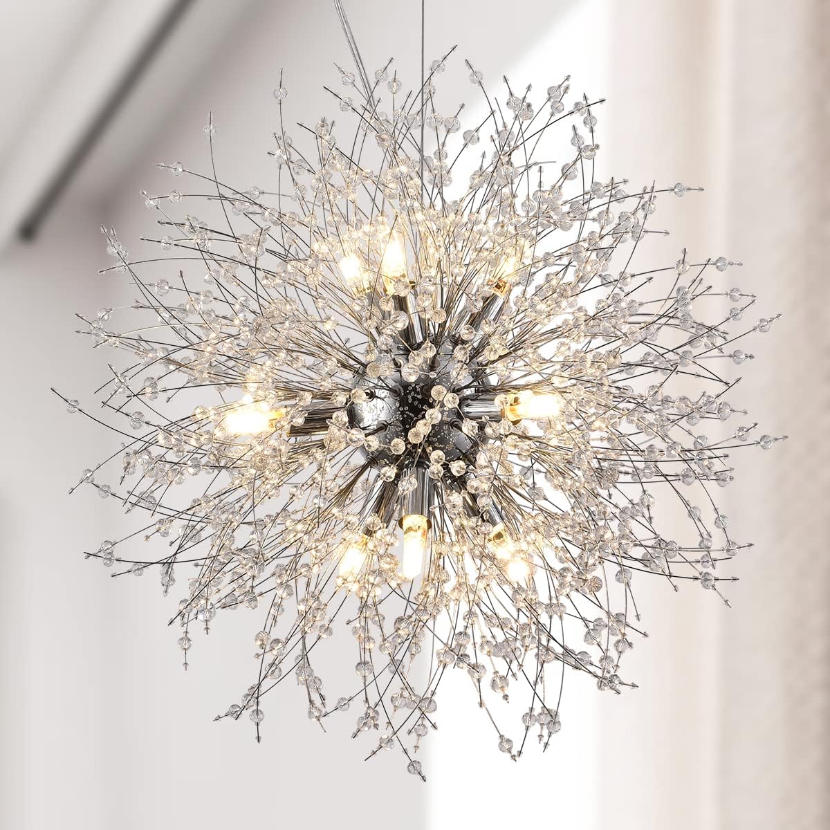 Firework Crystal Chandeliers, 9-Light Stainless Steel Dandelion Chandelier Chrome, 19.6" Modern Sputnik Pendant Lighting for Bedroom Dining Room Chrome - Dia19.6in