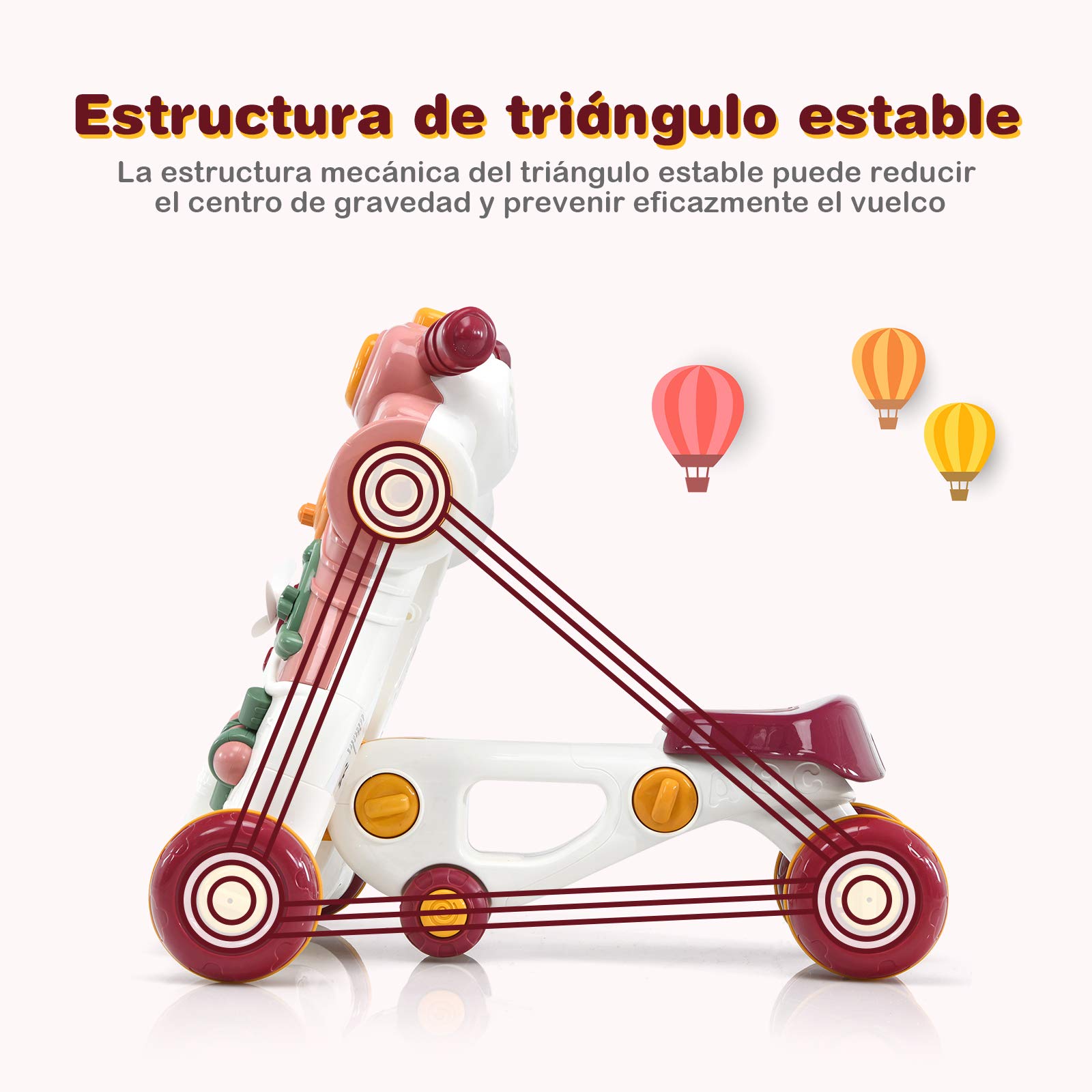 COSTWAY 3 en 1 Andador Bebes, Andador para Bebé con Música,Luces y Ruedas Antideslizantes,Caminador Correpasillo con Tablero de Juguete para Bebé de 6-36 Meses, 56 x 46 x 46 cm (Rosa oscuro)