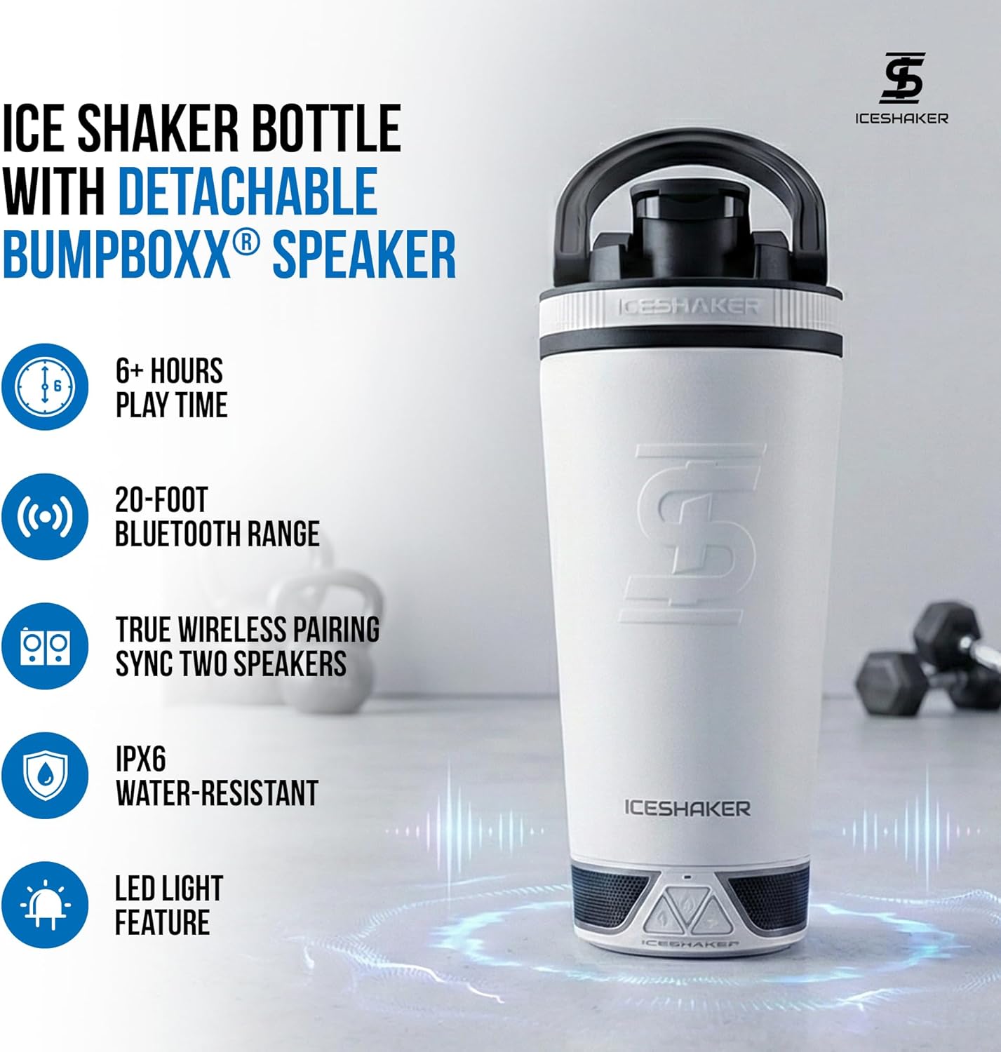 Ice Shaker X Bumpboxx Stainless Steel Shaker Bottle, White, Protein Shaker Bottle with Twist-on Bumpboxx Bluetooth Speaker, Leak-Proof Water Bottle Keeps Drinks Ice-Cold for Hours