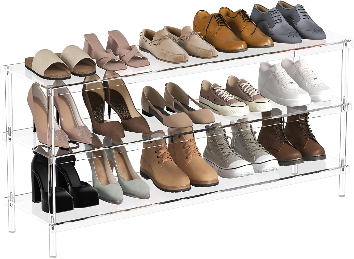 Aquiver Acrylic 3-Tier Long Shoe Rack - Clear Wide Shoe Rack for Closet - Entryway Shoe Storage Organizer - 42.7'‘ L x 11.8'' W x 20.5'' H, Easy Assembly & Clean