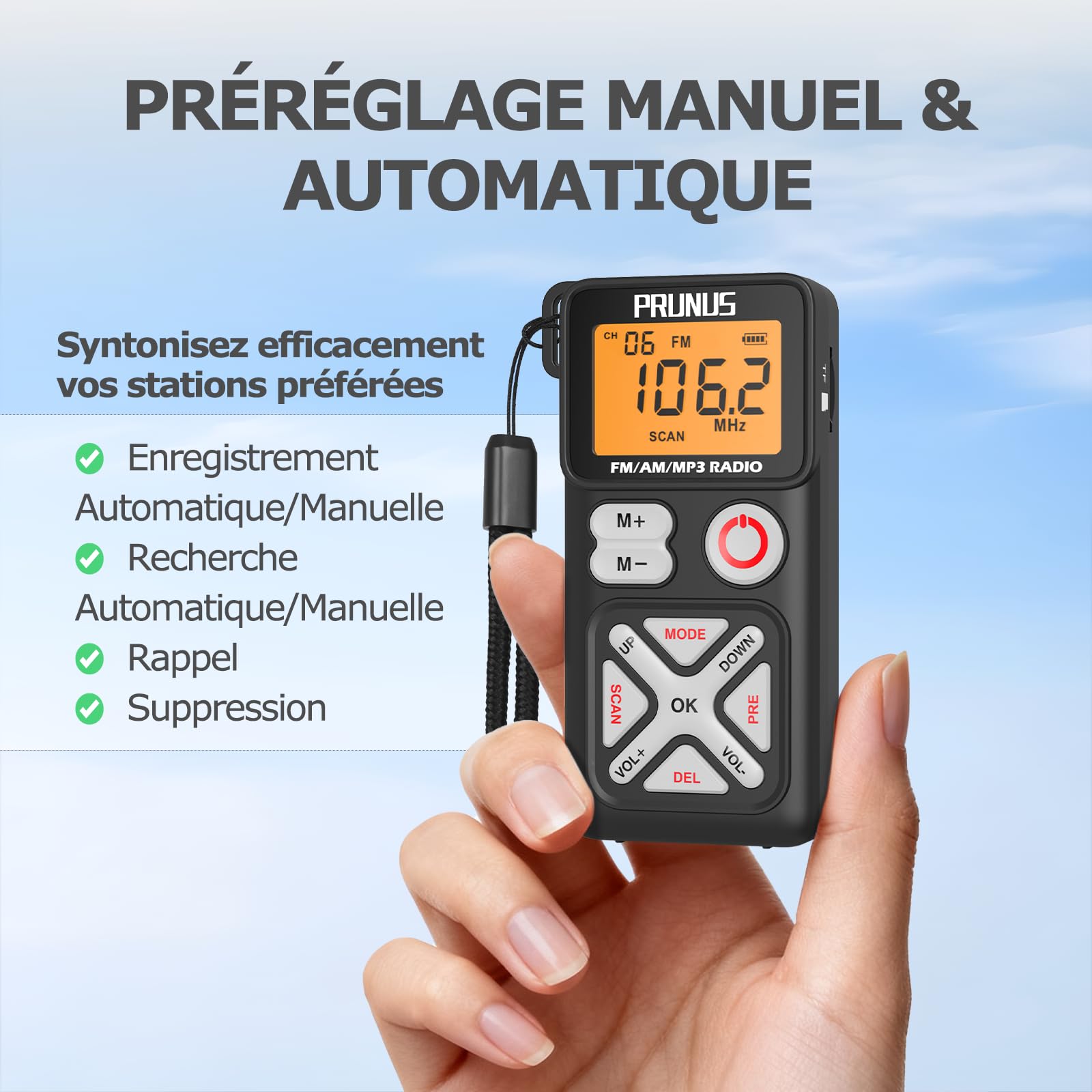 PRUNUS J-988 Mini Radio FM AM, Radio Portable Rechargeable avec 600 mAh, TF/MP3/WAV, Prise Casque, Radios de Poche pour la Course, Le Sport, la Randonnée et Le Camping.