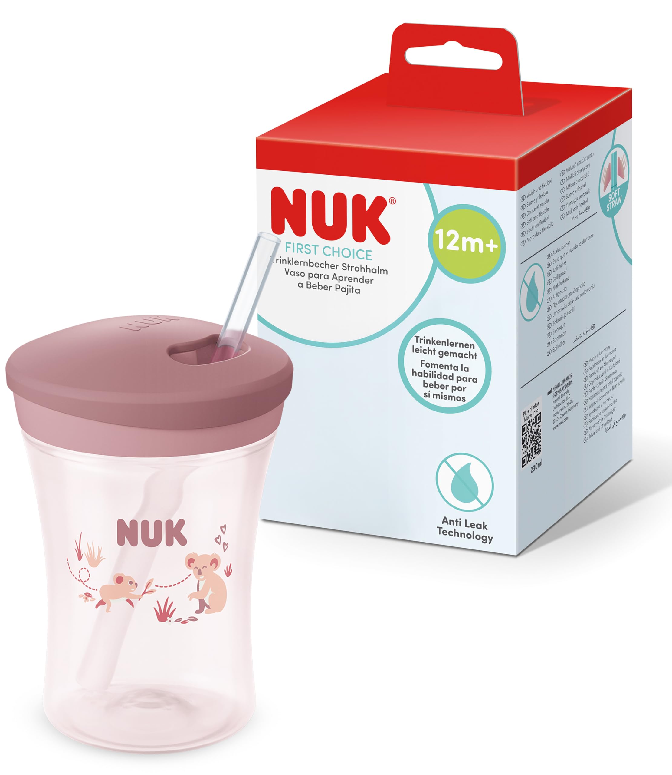NUK First Choice Learner Straw Cup | 12+ Months | 230ml | Leak Proof Toddler Bottle with Straw | Pink Koala | 1 Count