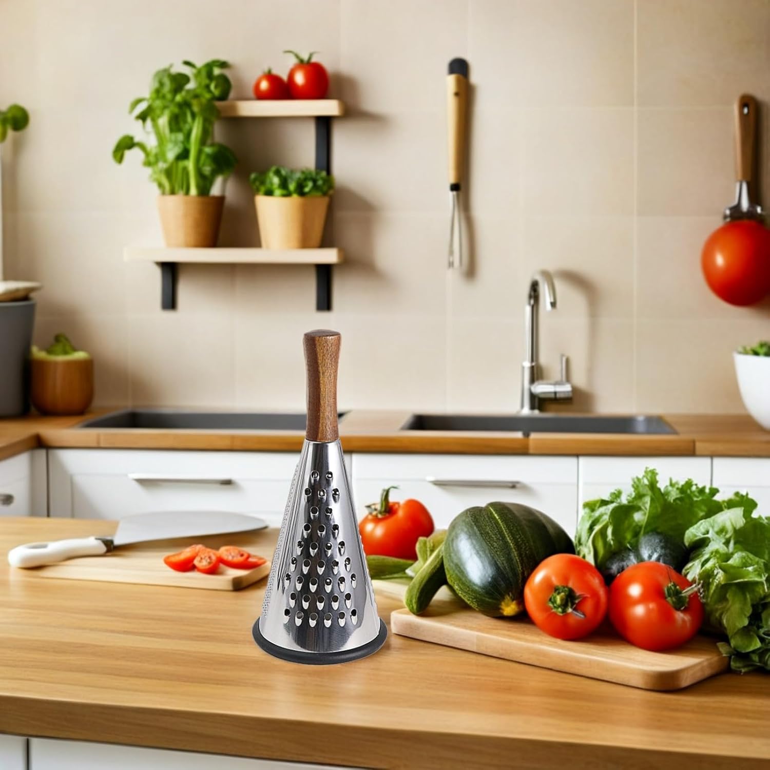 SOLUSTRE Stainless Steel Cheese Grater Wooden Handle Shape Multifunctional Vegetable Slicer for Kitchen