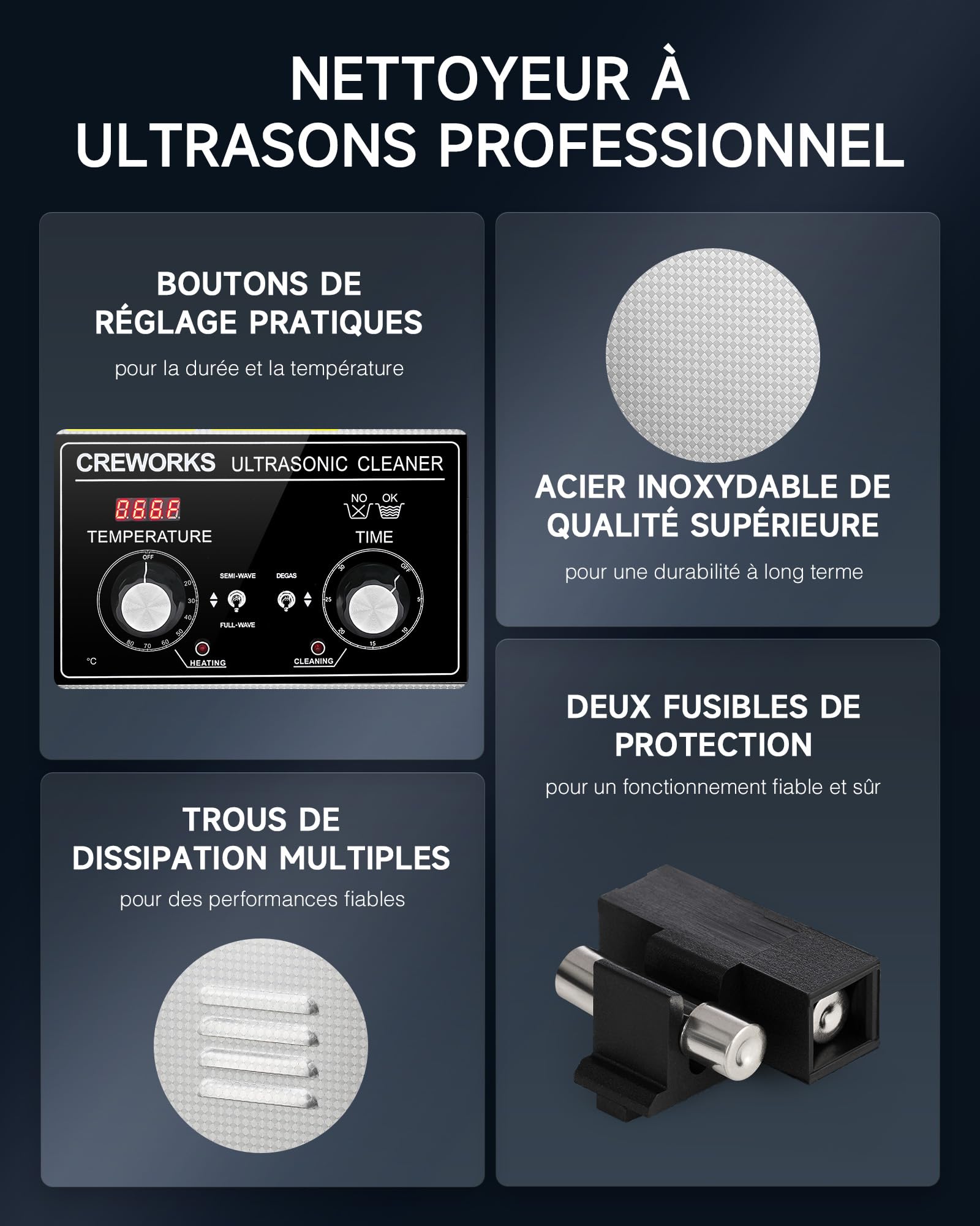 CREWORKS 3L Nettoyeur à Ultrasons Professionnel丨Puissance 120W丨Chauffage 100W丨Minuterie 1-30min丨Mode Dégazage et Mode Doux, Bac à Ultrasons Commercial Machine de Nettoyage Ultrasonique