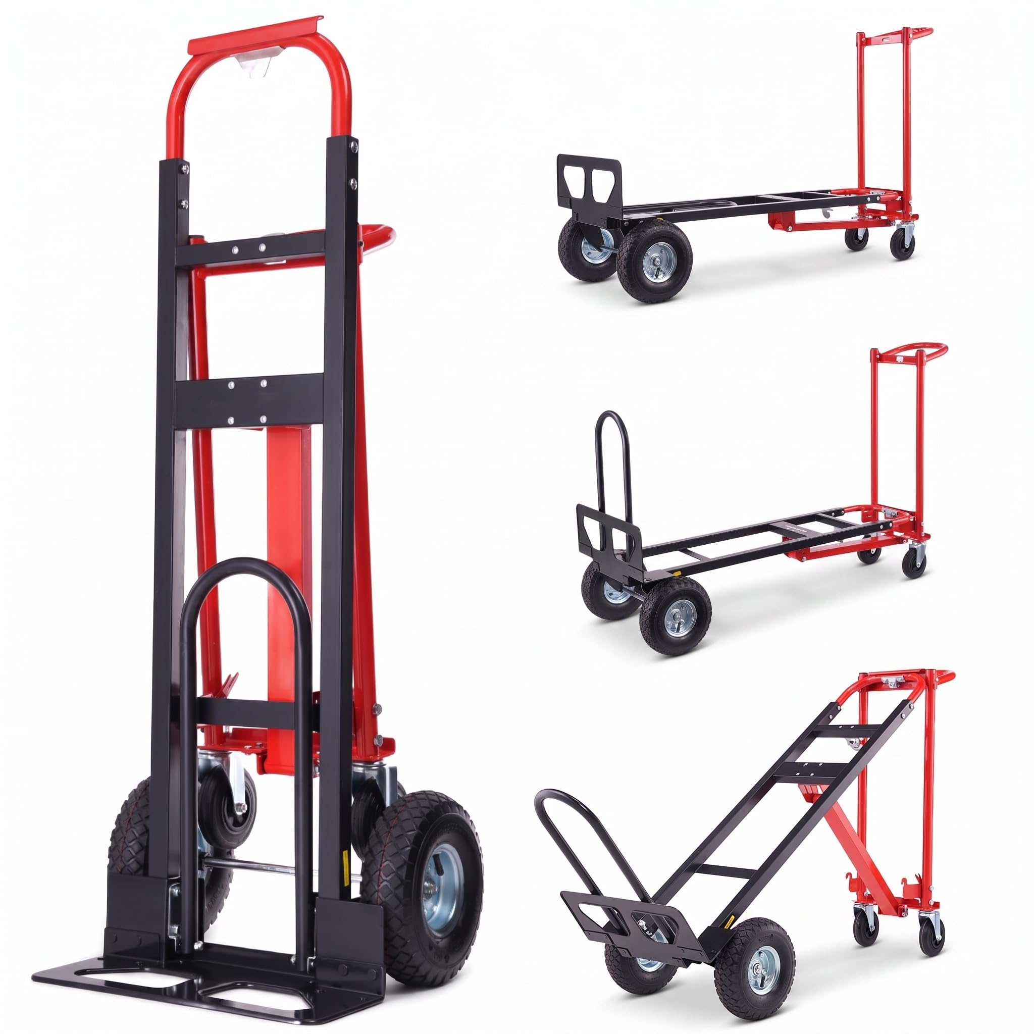 4-in-1 Convertible Hand Truck Dolly, 1000 LBS Heavy Duty Steel Moving Cart, Multi-Position Folding Utility Cart for Warehouse, Industrial and Home Moving, Red