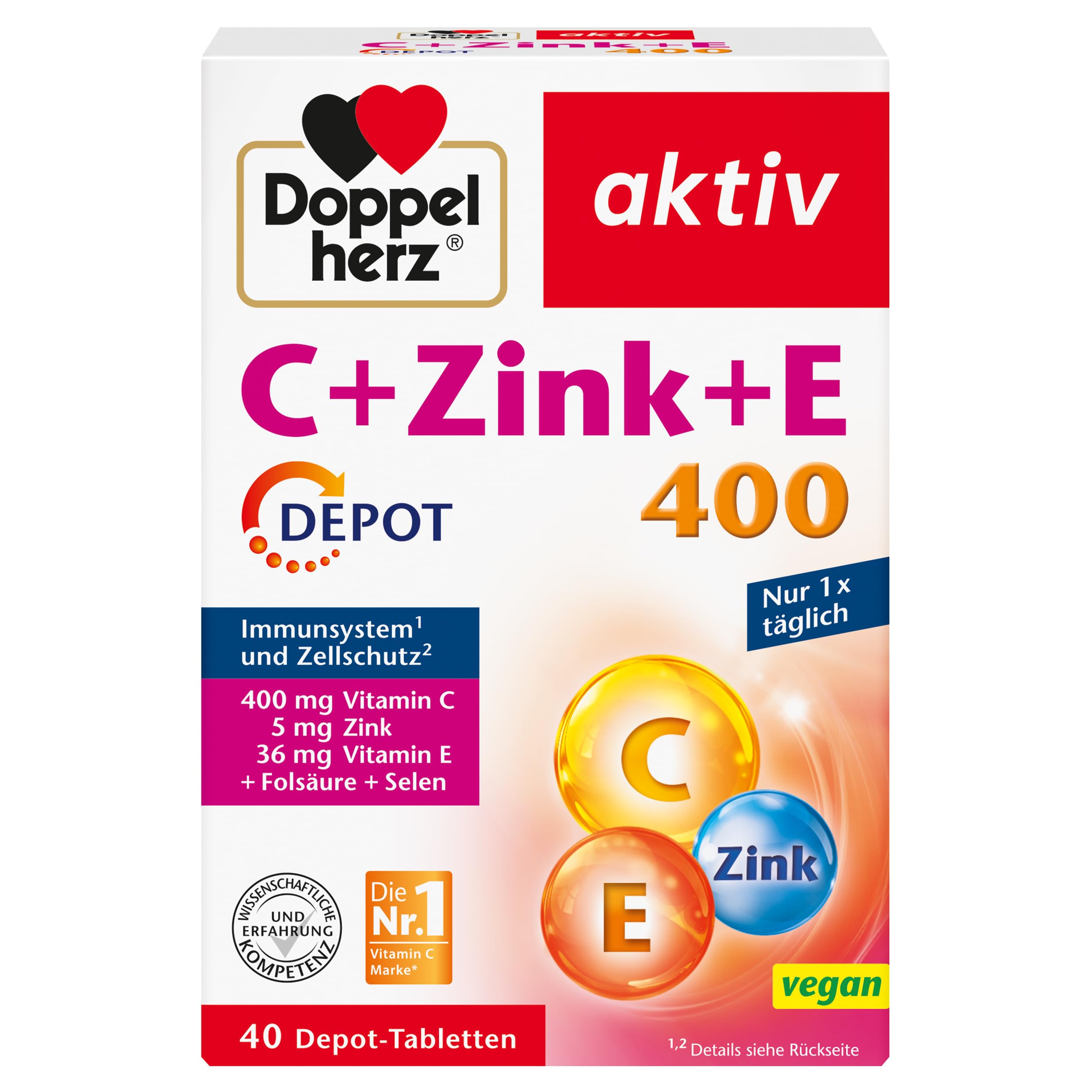 Doppelherz C + Zink + E 400 – Vitamin C & Zink unterstützen das Immunsystem, vegan, 40 Tabletten