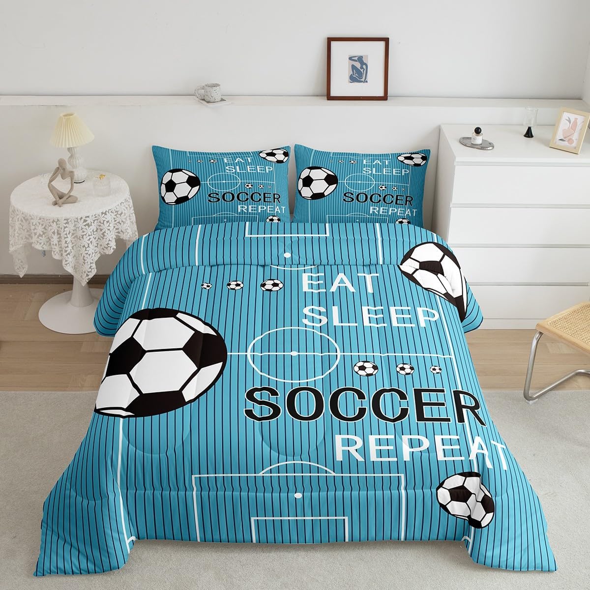 jejeloiu Kids Soccer Comforter Set Queen Size Football Comforter Boys Girls Eat Sleep Soccer Ball Pattern Bedding Set Sports Theme Gaming Sports Teal Quilt Set