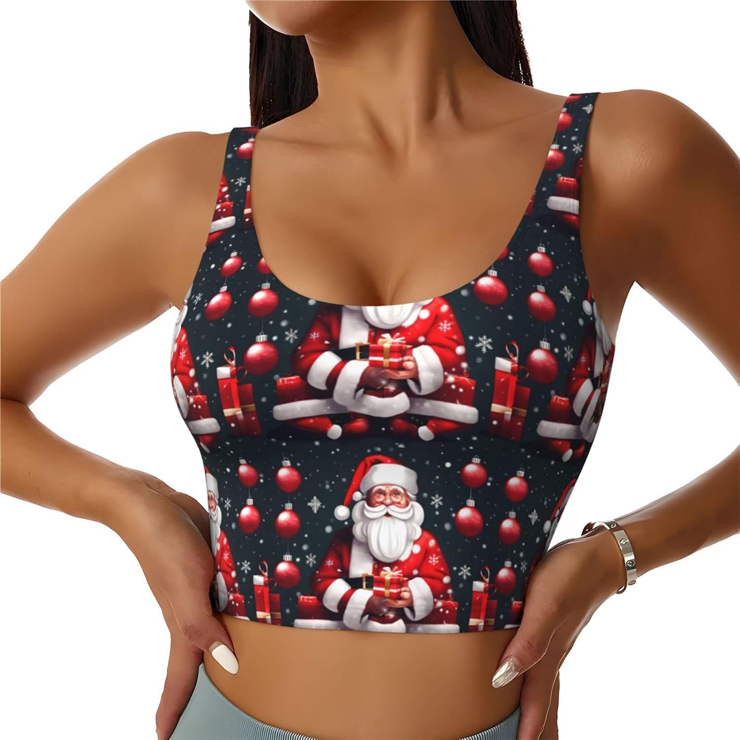 Christmas Santa Clauss Print Women's Strappy Sports Bra, Stretch Gym Bras U Neck Yoga Tops, Comfort Seamless Bra