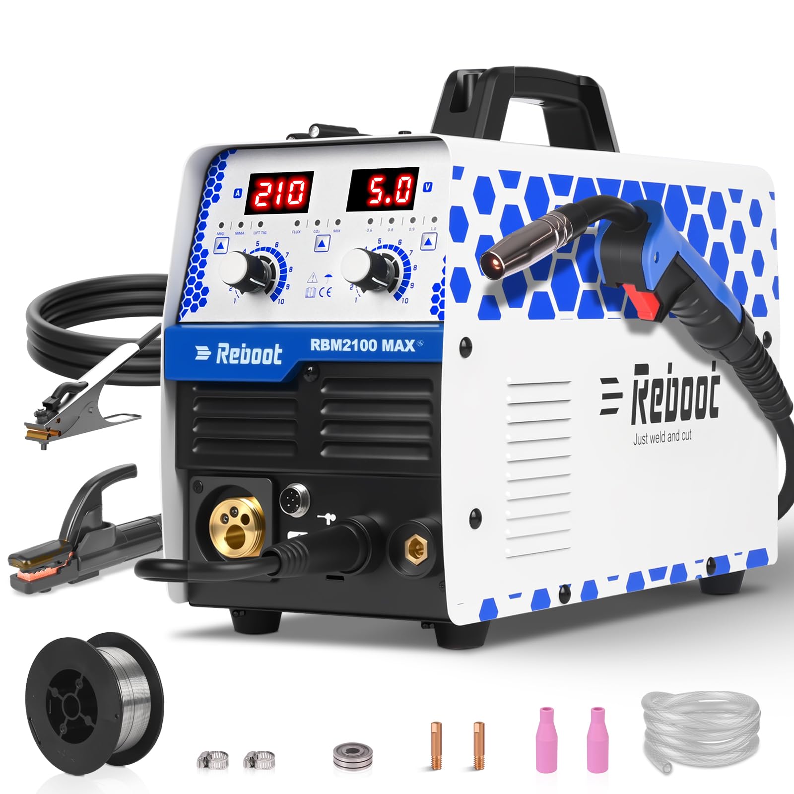 Reboot Saldatrice Multiprocesso 210A 6 in 1 Aggiornata per Alluminio – Gas e Senza gas MIG MAG, Filo Flusso, MMA, Lift TIG, Saldatura a Punto, Pronta per Spool Gun, Display Digitale RBM2100 MAX