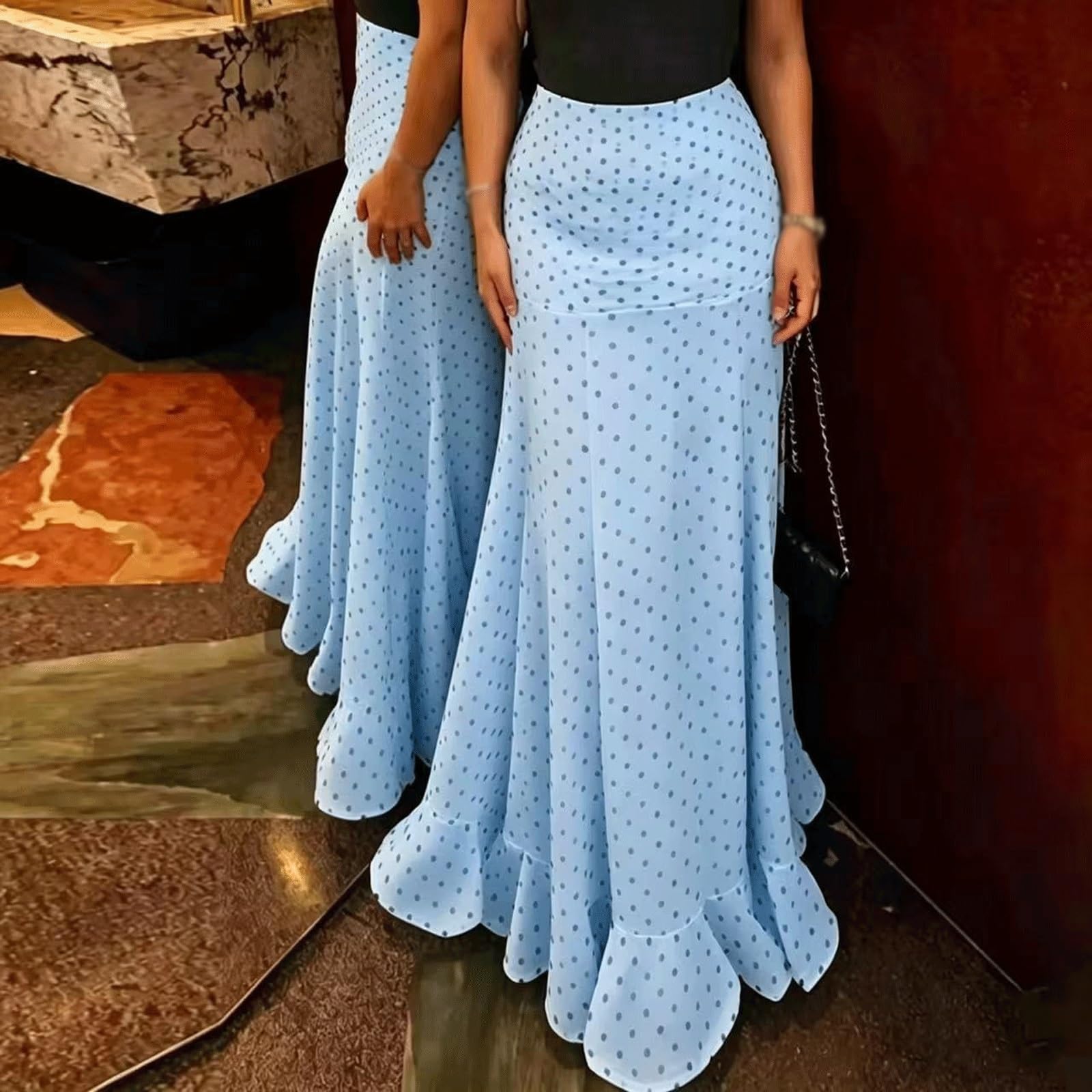 DUddTTW Slim Women's Midi Skirt Polka Dot Midi Length Flowy Skirt High Waisted Swing Skirt Maxi Skirts Ankle Length Skirts Fashion(Lightblue,Lagre)