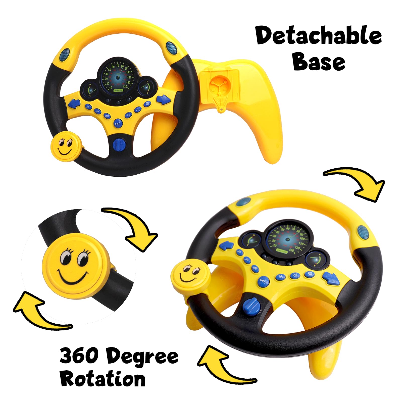 Volante de juguete para niños para asiento trasero de automóvil con luz y música, base de ventosas, juguete de conducción simulado interactivo para niños y niñas, amarillo 5