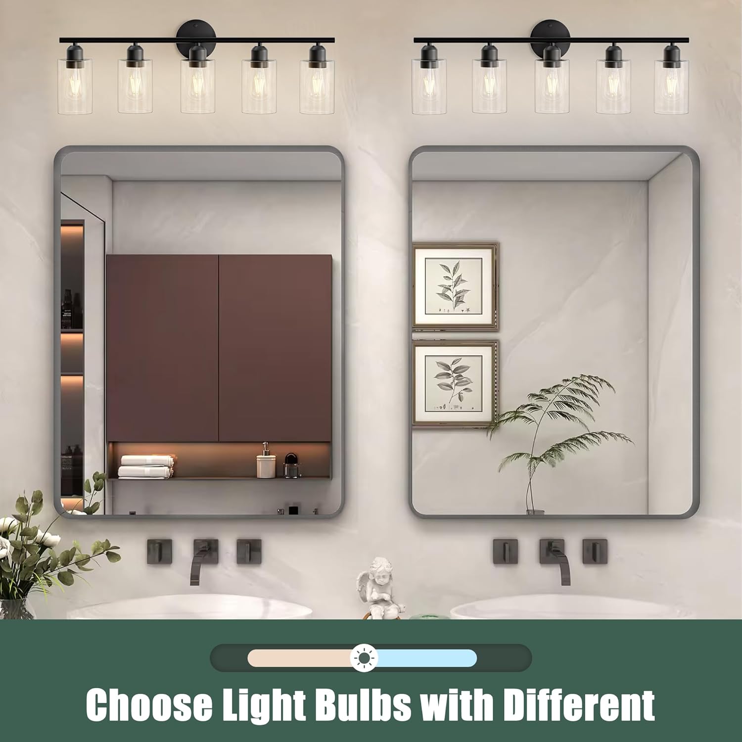 Espird Bathroom Vanity Light Fixtures Matte Black Bathroom Lighting Fixture, 5 Lights Bathroom Light Fixture Over Mirror, Modern Black Vanity Light, Wall Sconces with Glass Shades