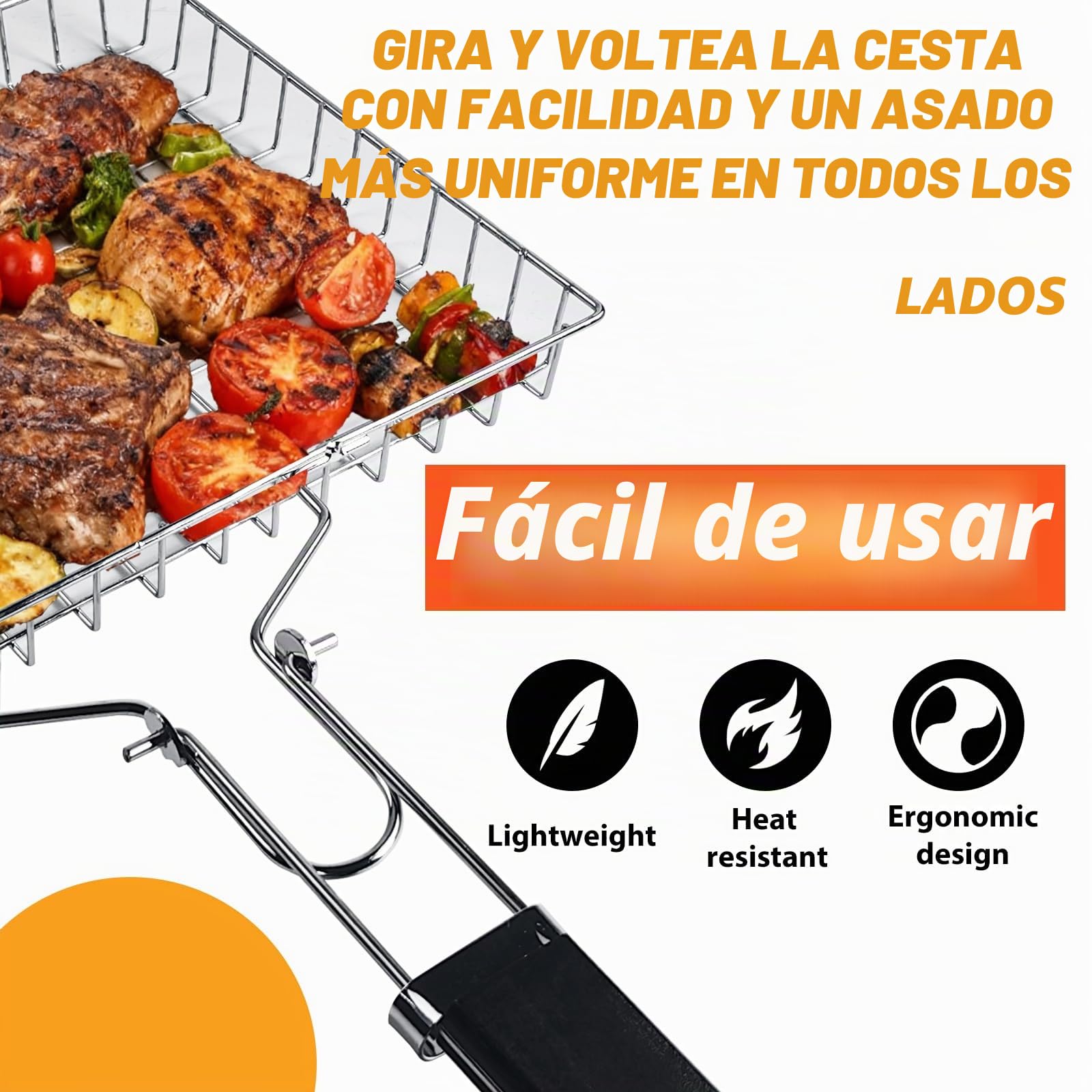 Rejilla para Barbacoa, Cesta de Parrilla de Barbacoa de Acero Inoxidable Portátil con Mango de Madera para Pescado, Verduras, Camarón, Carne