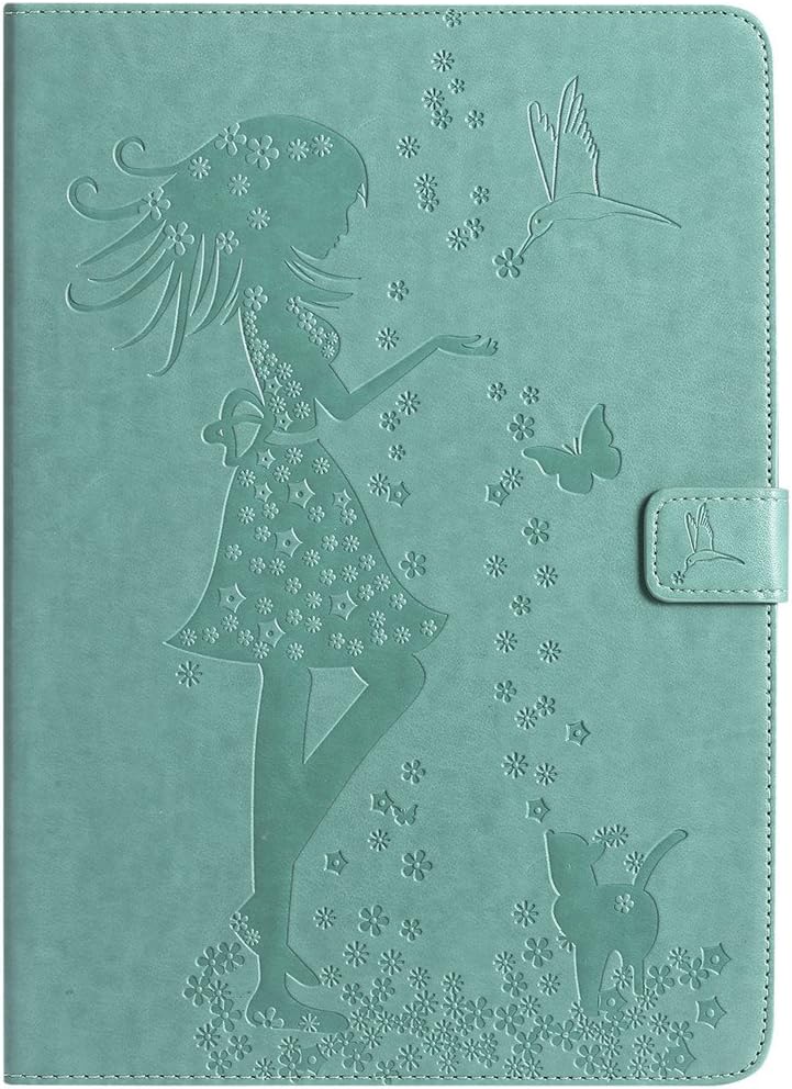 LYO iPad Pro 9.7 2016 Case, [Card Slots/Cash Packet] Girl Cat Emboss Design PU Leather Folio Wallet Stand Shell Flip Case Cover for Apple iPad Pro 9.7 Inch (2016 Version) Tablet - Green