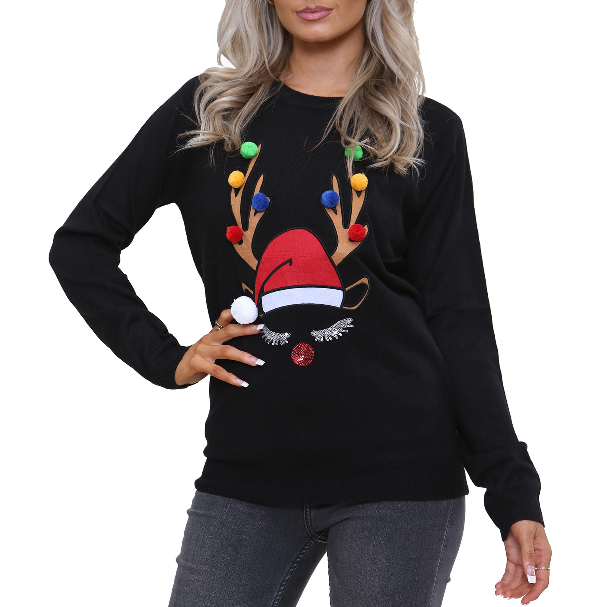 Noroze Women's Antler Black Xmas Jumper Merry Elf Pullover Knitted Sweater (8, )