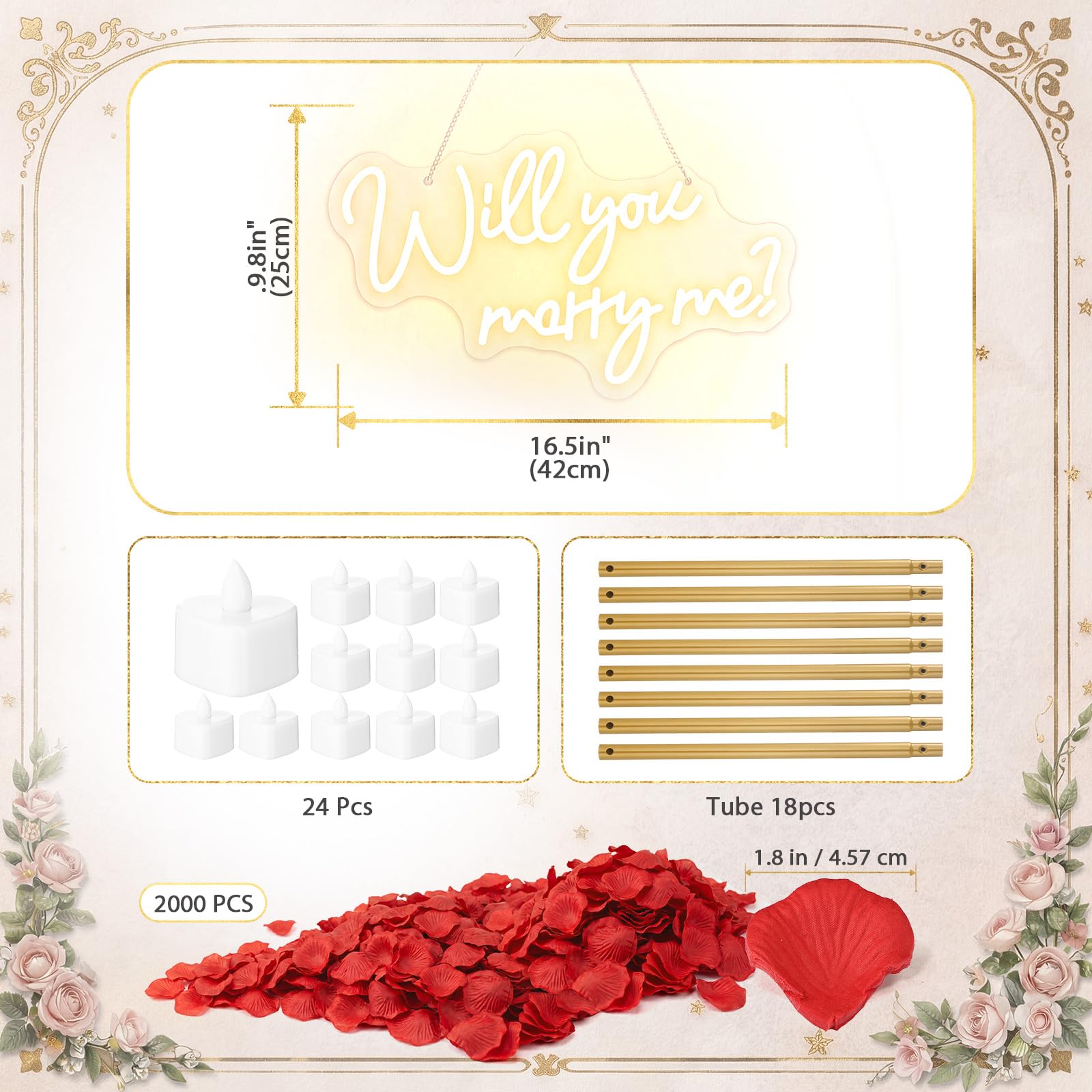 Coume 2,2 m Hochzeitsantrags-Dekorationsset "Will You Marry Me", Neonschild | Großer Metallbogenständer, 24 Herz-LED-Kerzen, 2000 rote Rosenblätter, für den Außenbereich, Antrag, Hochzeit, Verlobung