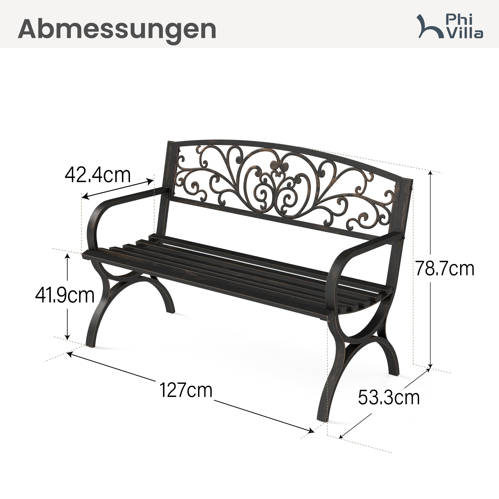 PHI VILLA Gartenbank Metall Rostfrei Rückenlehne aus Gusseisen Stahlrahmen 2-3 Sitzer Bank Outdoor mit Floralem Design für Park, Garten und Terrasse Bronze