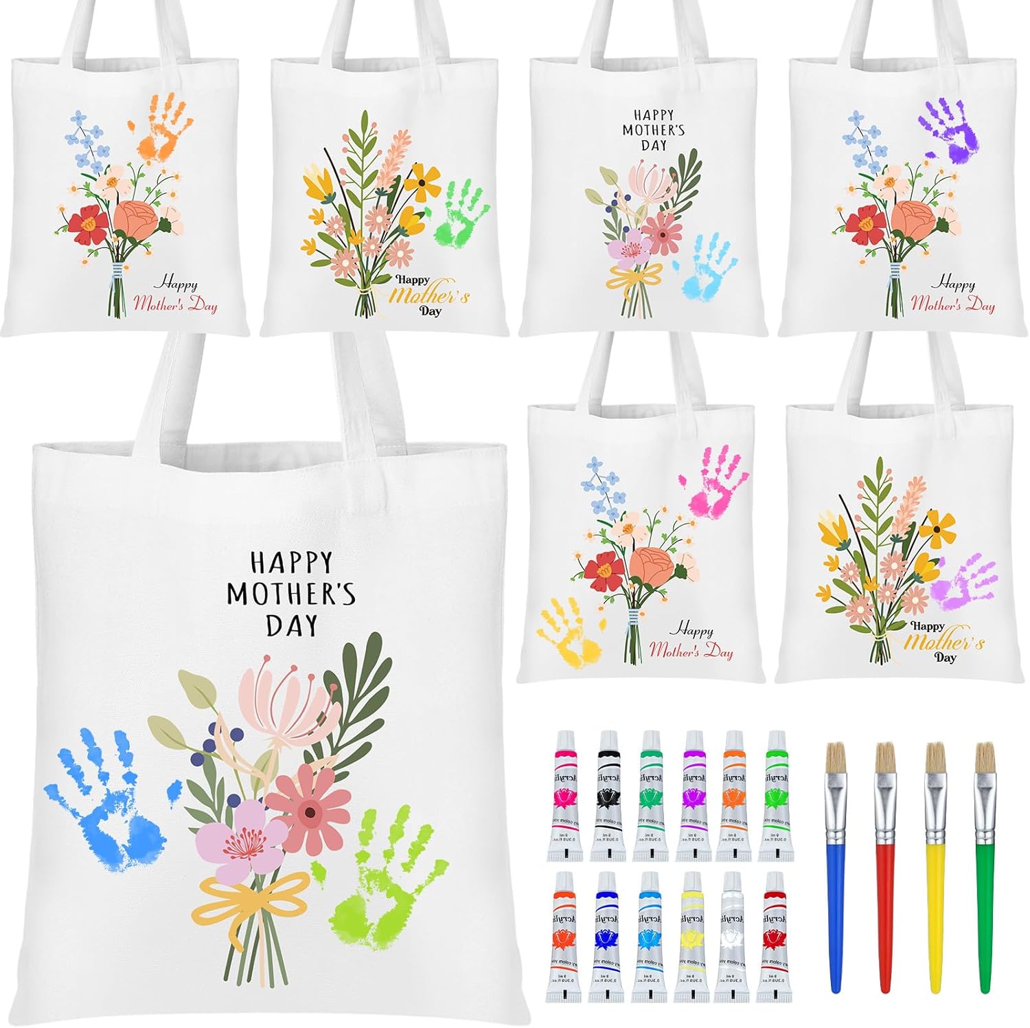 SilTriangle 10 Set Mother's Day Handprint Kit Tote Bag Painting Kit Mothers Day Crafts for Kids Flower Handprint Tote Bag with Paints and Brushes DIY Craft Gifts for Nana Mom Grandma