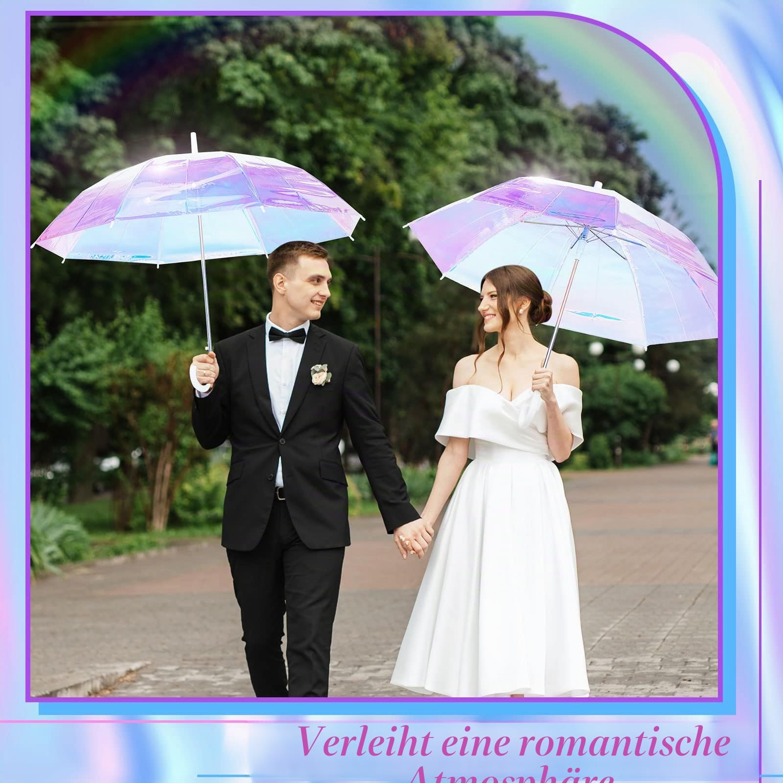 Dunzy Holografischer breiter Regenschirm, schillernd, klarer Regenschirm für Hochzeit, automatisches Öffnen, Winddicht, Sonnenschirm, J-Haken-Stick, Regenschirm, 99 cm (2 Stück)