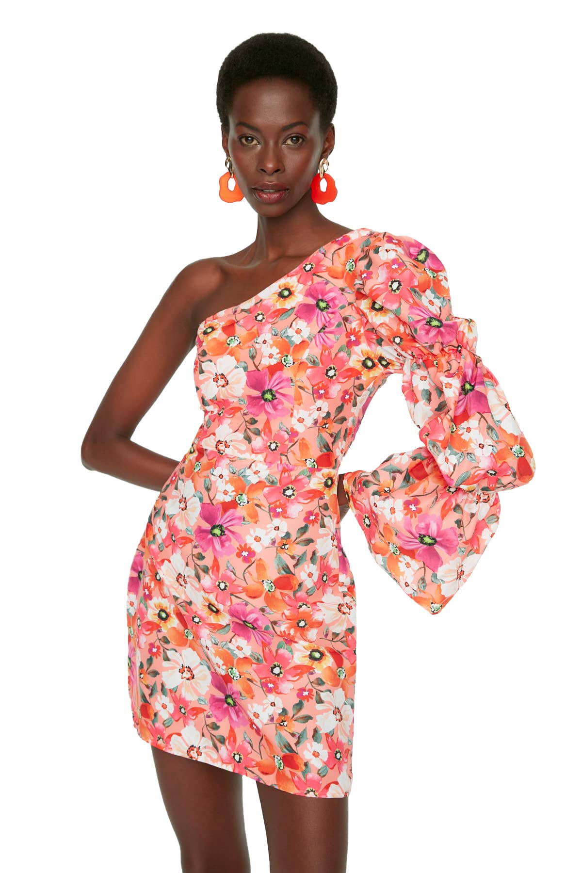 Trendyol Collection Damen Orange Orangefarbenes, Figurbetontes, Mit Popeline Gefüttertes, Floral Gemustertes, Elegantes Abendkleid Für - One Size