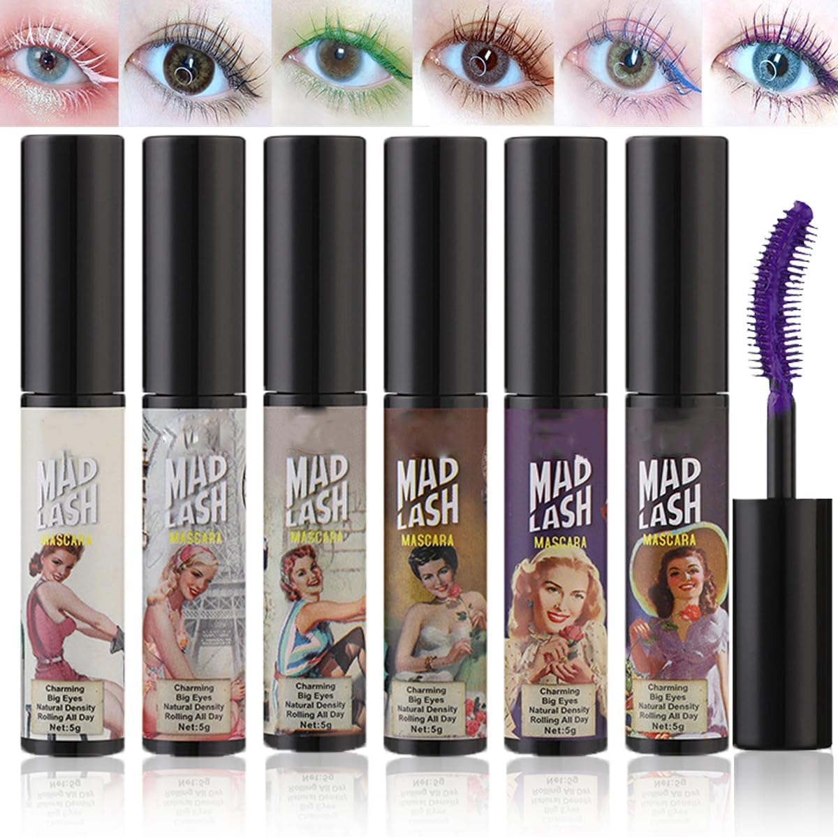 Colorful Mascara Set, Waterproof Colored Mascara for Eyelashes Set, Natural Smudgeproof Long Lasting Curling Colorful Mascara for Women Eye Makeup 6 Colors White Green Black Purple Blue Brown